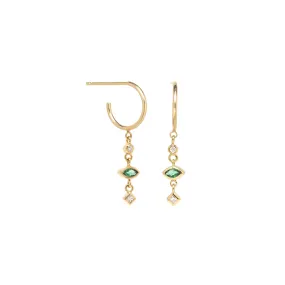 14k Dangling Mixed Diamond & Emerald Thin Huggie Hoops