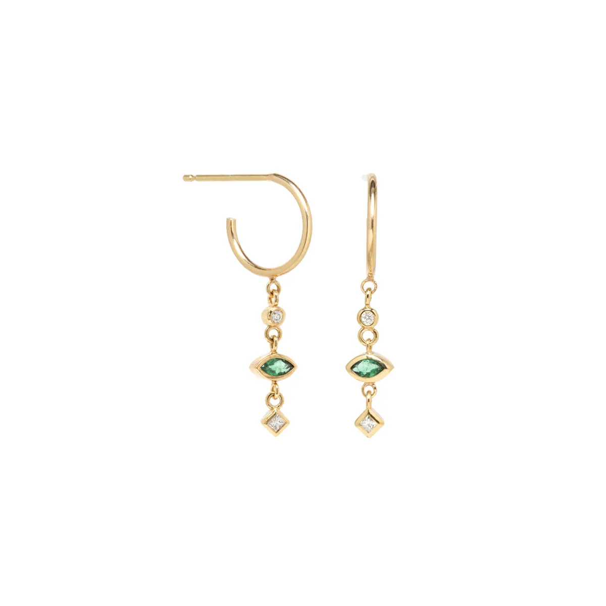 14k Dangling Mixed Diamond & Emerald Thin Huggie Hoops