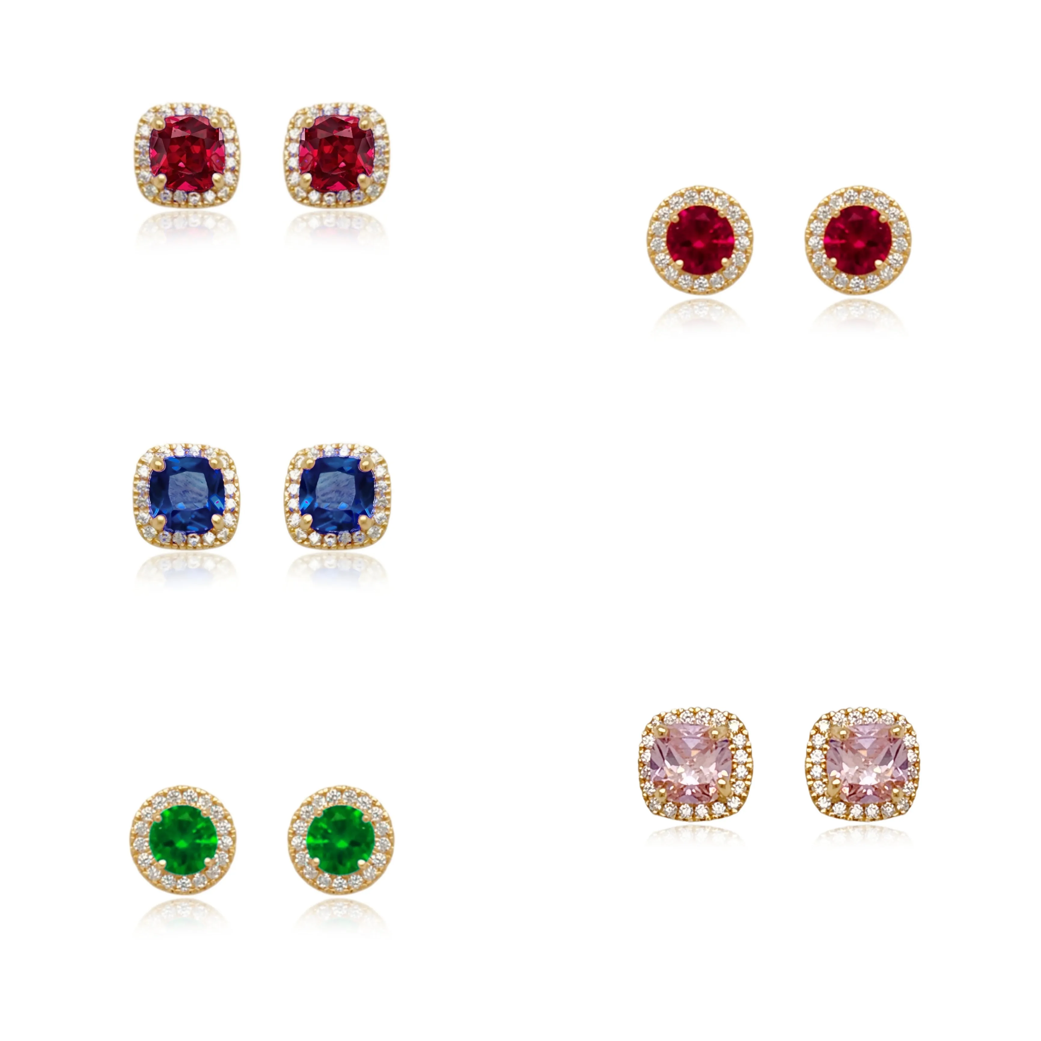 14k Gold Micropave Border with Color CZ Center Stud Earrings