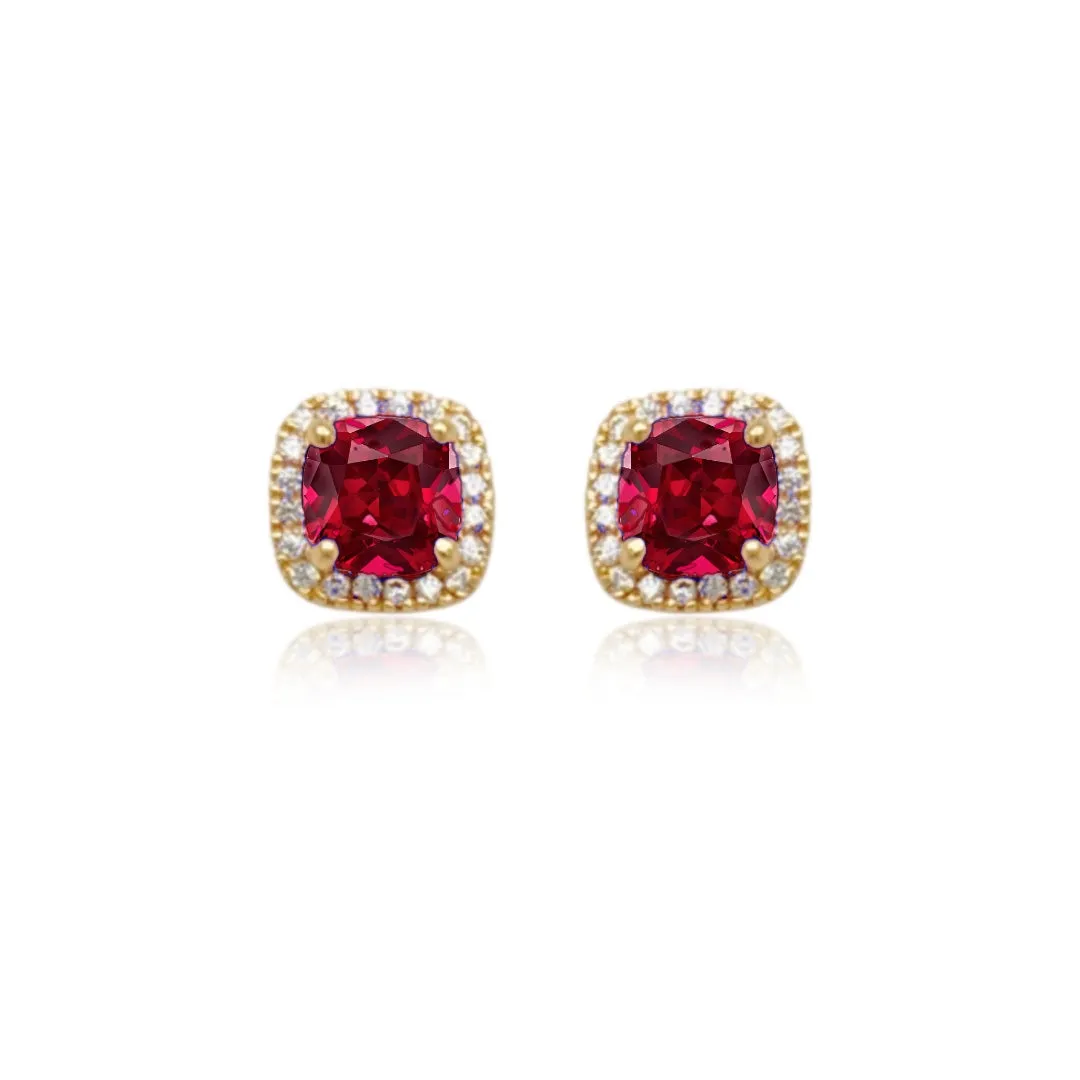 14k Gold Micropave Border with Color CZ Center Stud Earrings