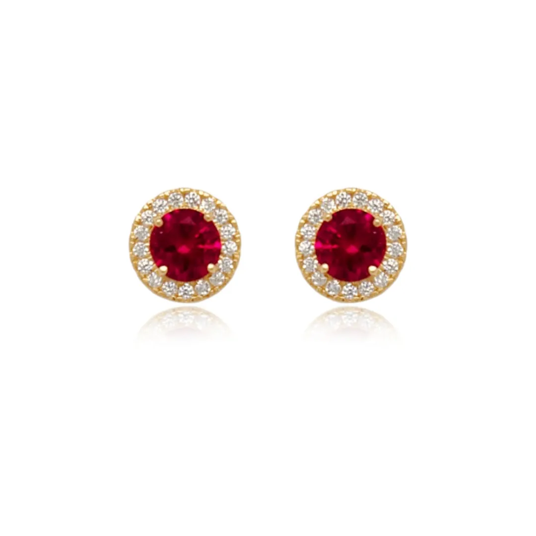 14k Gold Micropave Border with Color CZ Center Stud Earrings