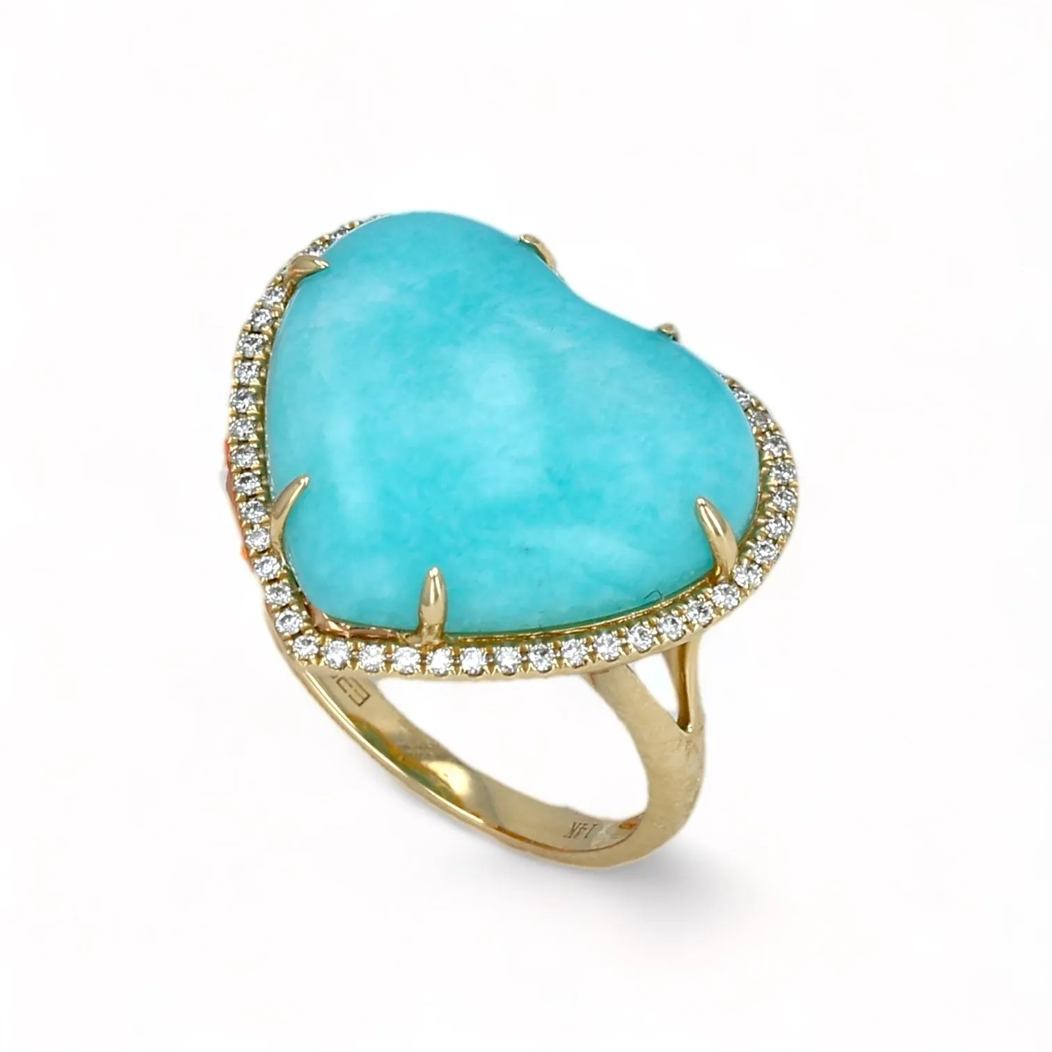 14K Yellow gold Amazonite natural Brazilian stone heart shape rounding diamonds EFFY original brand ring-31827