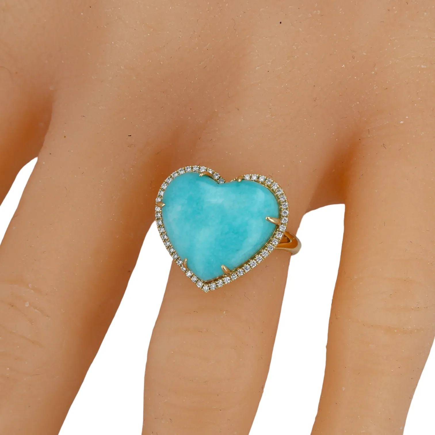 14K Yellow gold Amazonite natural Brazilian stone heart shape rounding diamonds EFFY original brand ring-31827