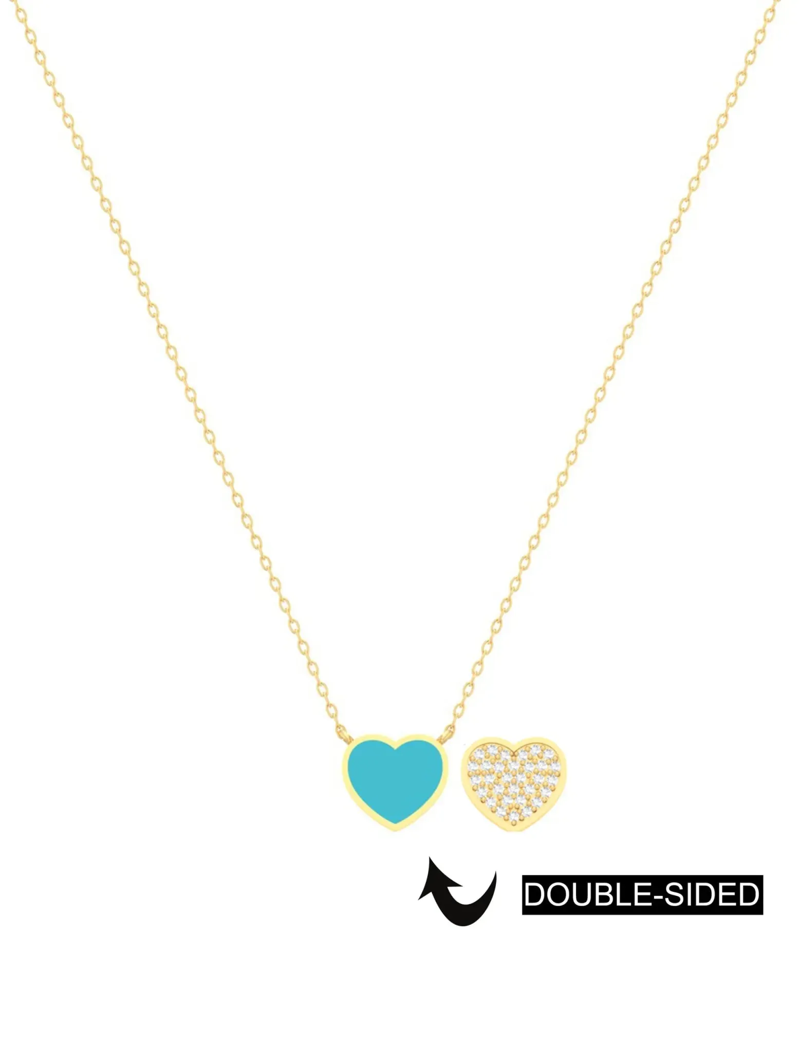 18K Gold Double-Sided Heart Necklace with Enamel & Zircon Gemstones