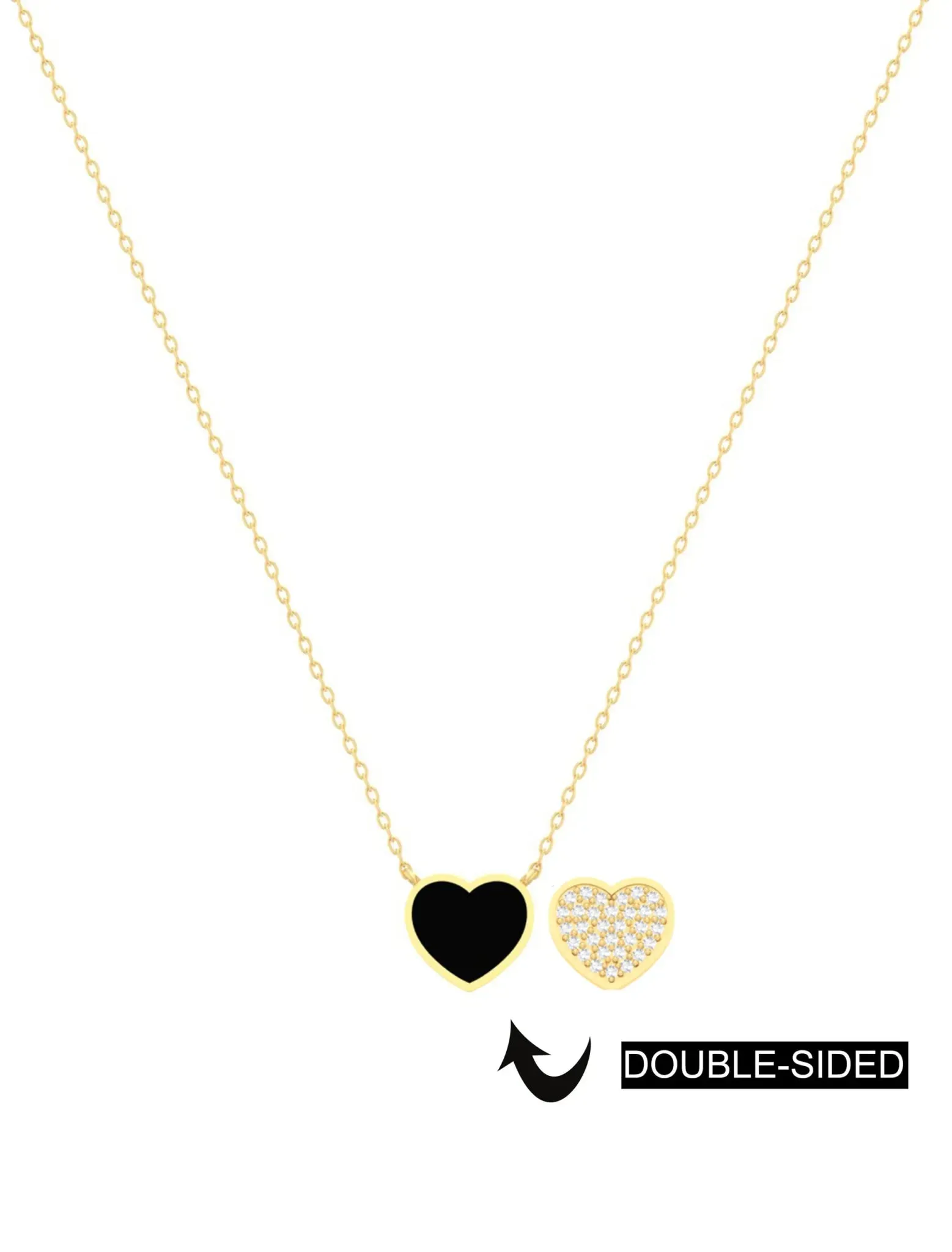 18K Gold Double-Sided Heart Necklace with Enamel & Zircon Gemstones