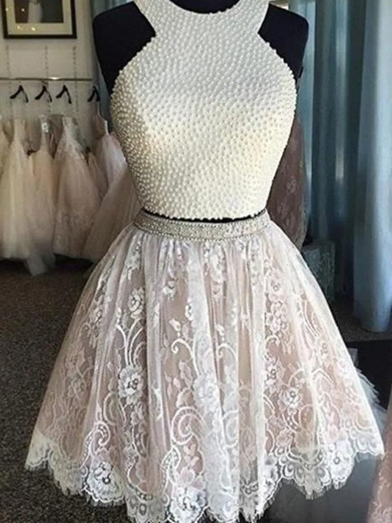 2 Pieces Lace Short Prom Dresses, 2 Pieces Homecoming Dresses, Lace Homecoming Dresses