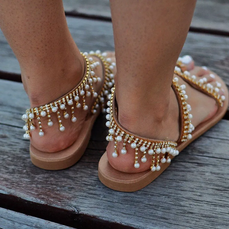 2023 Vintage Boho Sandals Women Leather Beading Flat Sandals Women Bohimia Beach Sandals Shoes Plus