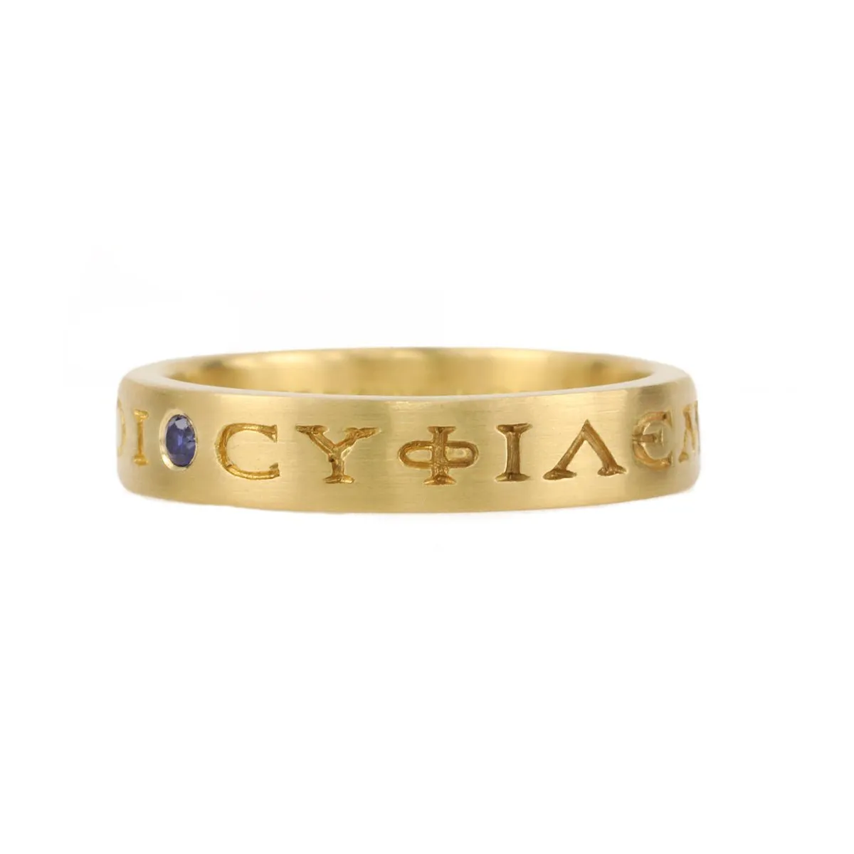 20K Gold Engraved Greek Ring with Blue Sapphire Details