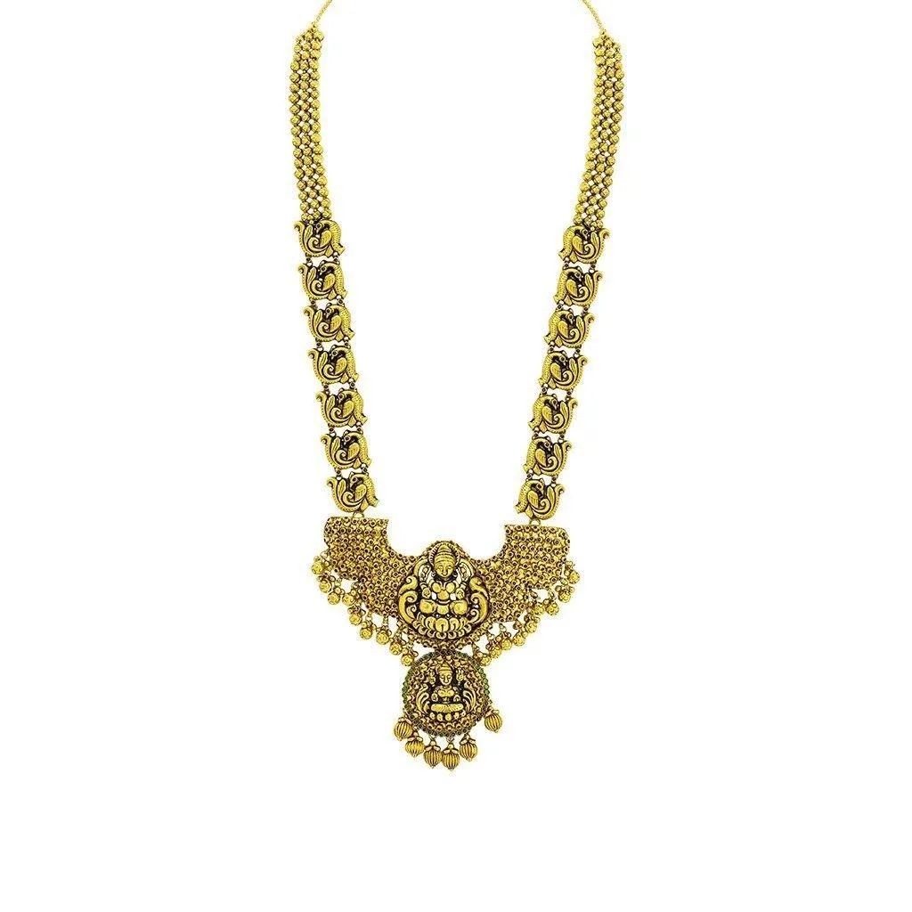 22K Yellow Gold Antique Temple Necklace W/ Ruby & Emerald on Large Winged Double Laxmi Pendant