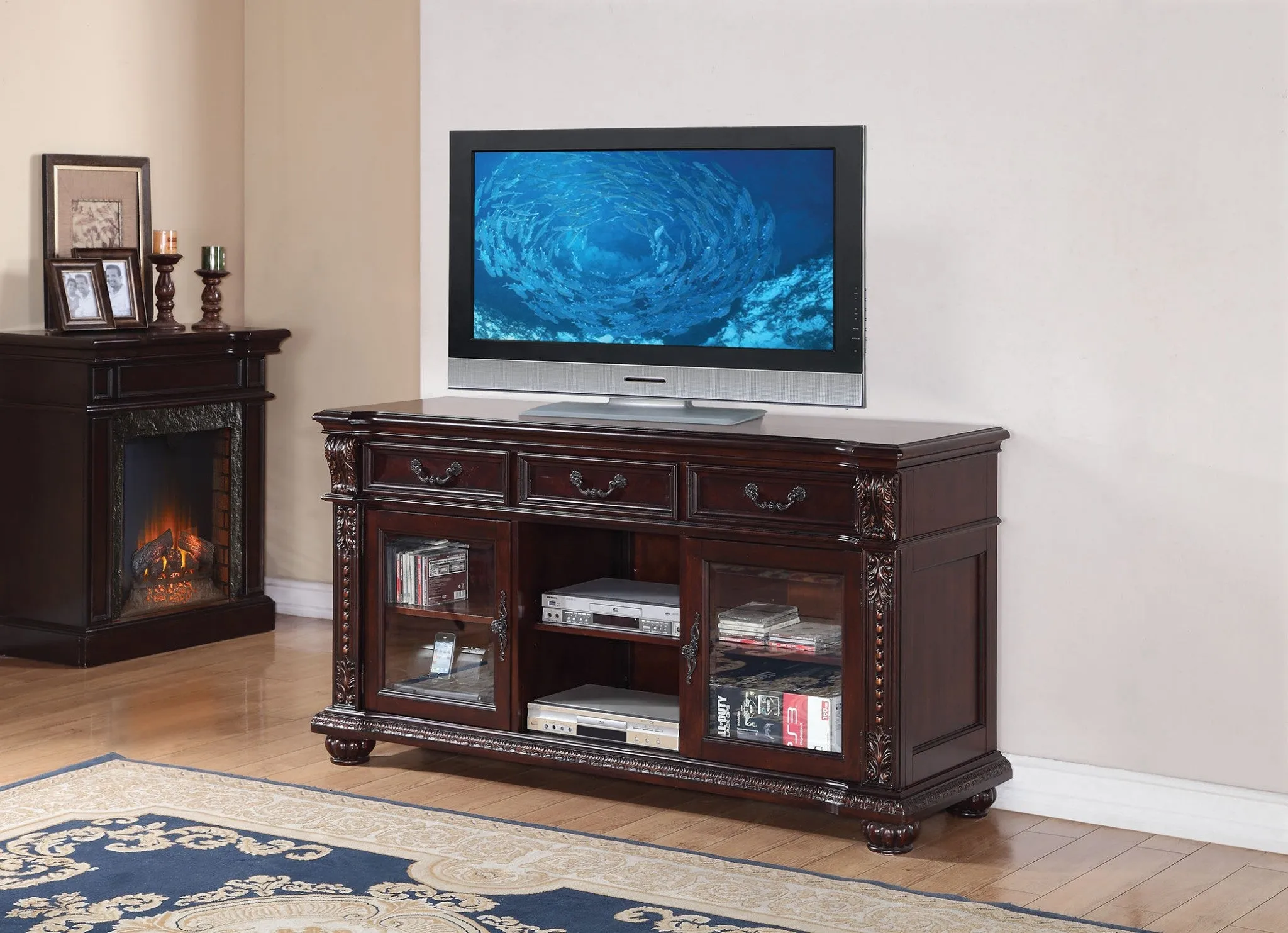 65 Dark Brown Wood Cabinet Enclosed Storage TV Stand