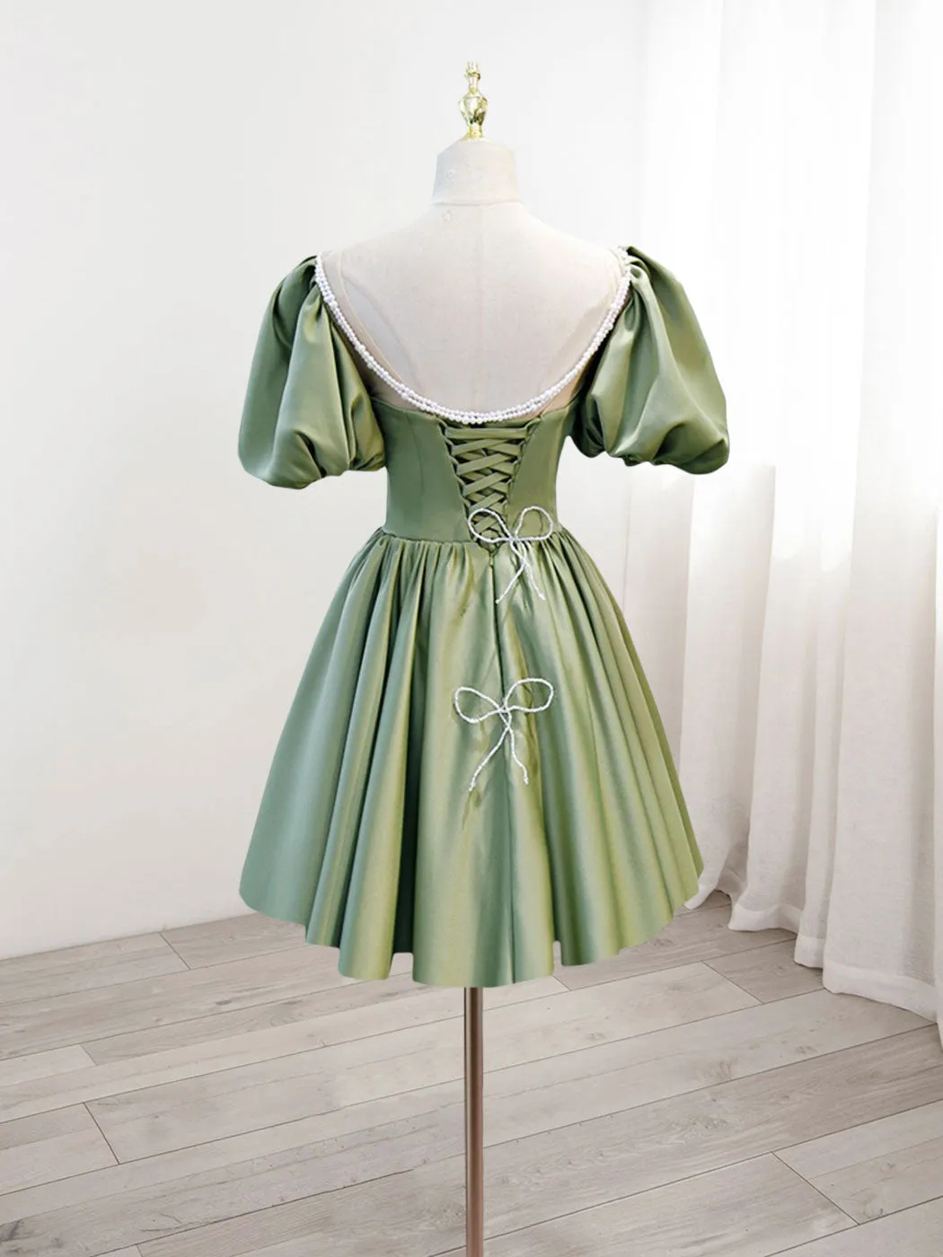 A-Line Green Puffy Sleeve Satin Short Prom Dress, Green Short Formal Dress