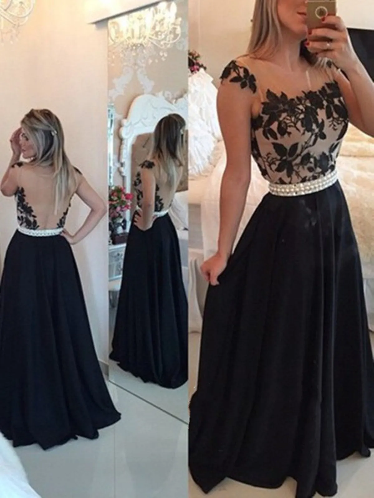 A Line Round Neck Black Lace Formal Dress, Black Lace Prom Dress, Party Dress