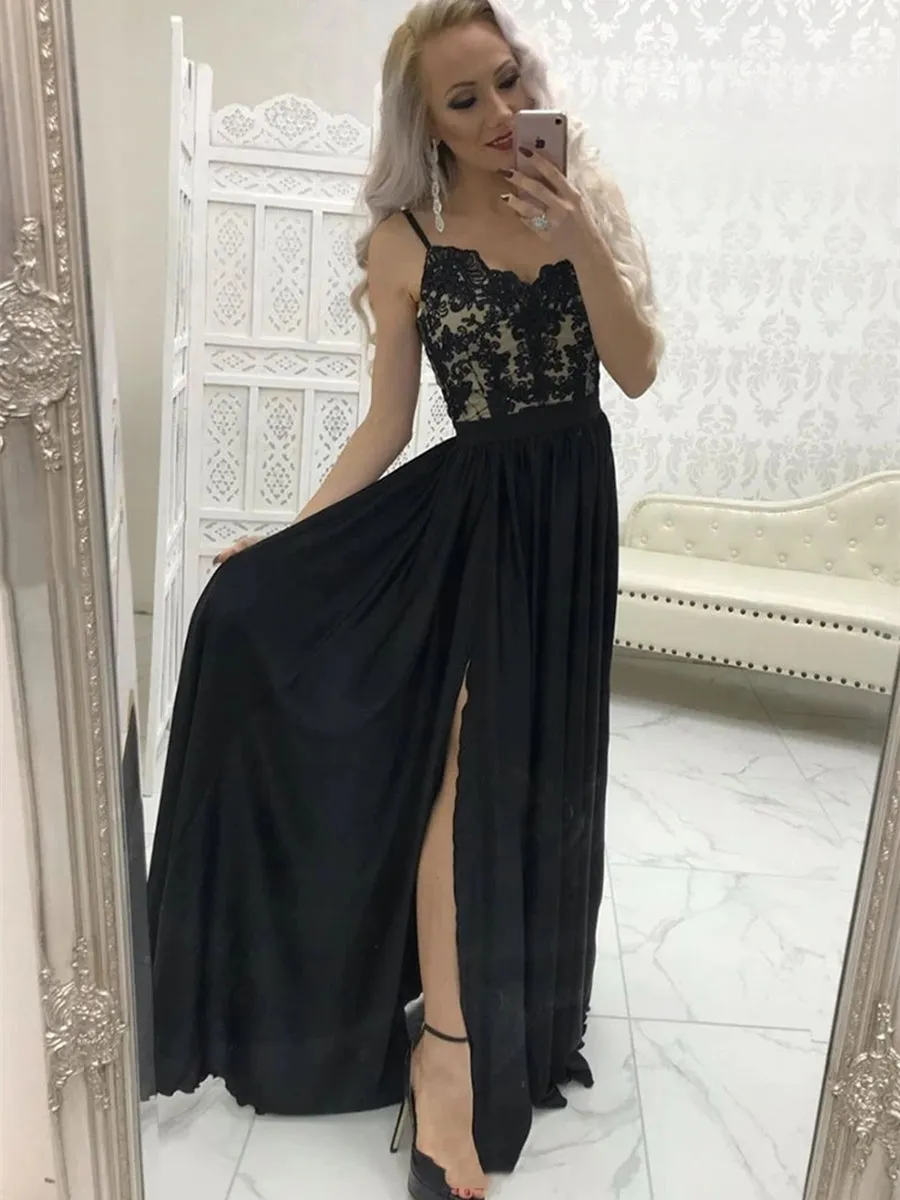 A Line Sweetheart Neck Lace Long Black Prom Dresses with Split, Black Lace Formal Graduation Evening Dresses, Black Party Dresses