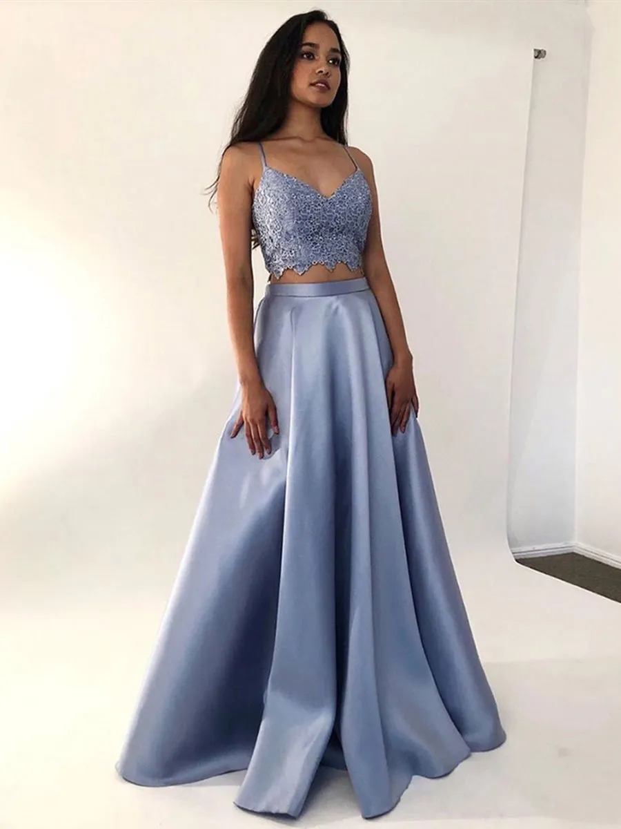 A Line V Neck 2 Pieces Lace Blue Long Prom Dresses, Two Pieces Blue Formal Dresses, Lace Blue Evening Dresses