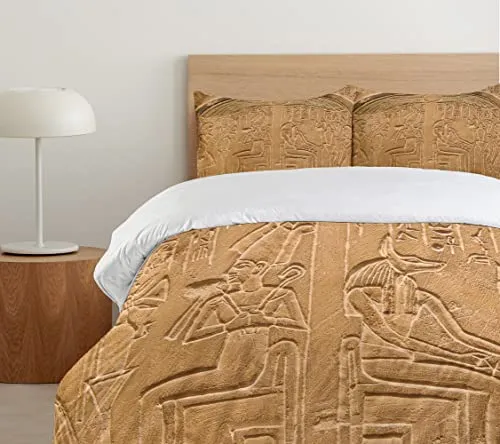 Ambesonne Egyptian Print Duvet Cover Set, Egyptian Hieroglyphs on The Wall Stone Surface Scripts Arts Theme Image, Decorative 3 Piece Bedding Set with 2 Pillow Shams, Queen Size, Brown