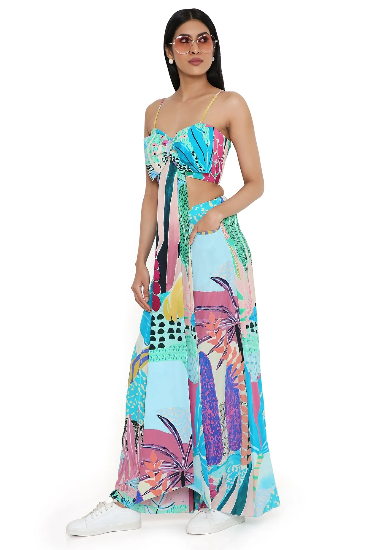 Aqua Tropical Print Bow Tube And Pallazo Pant