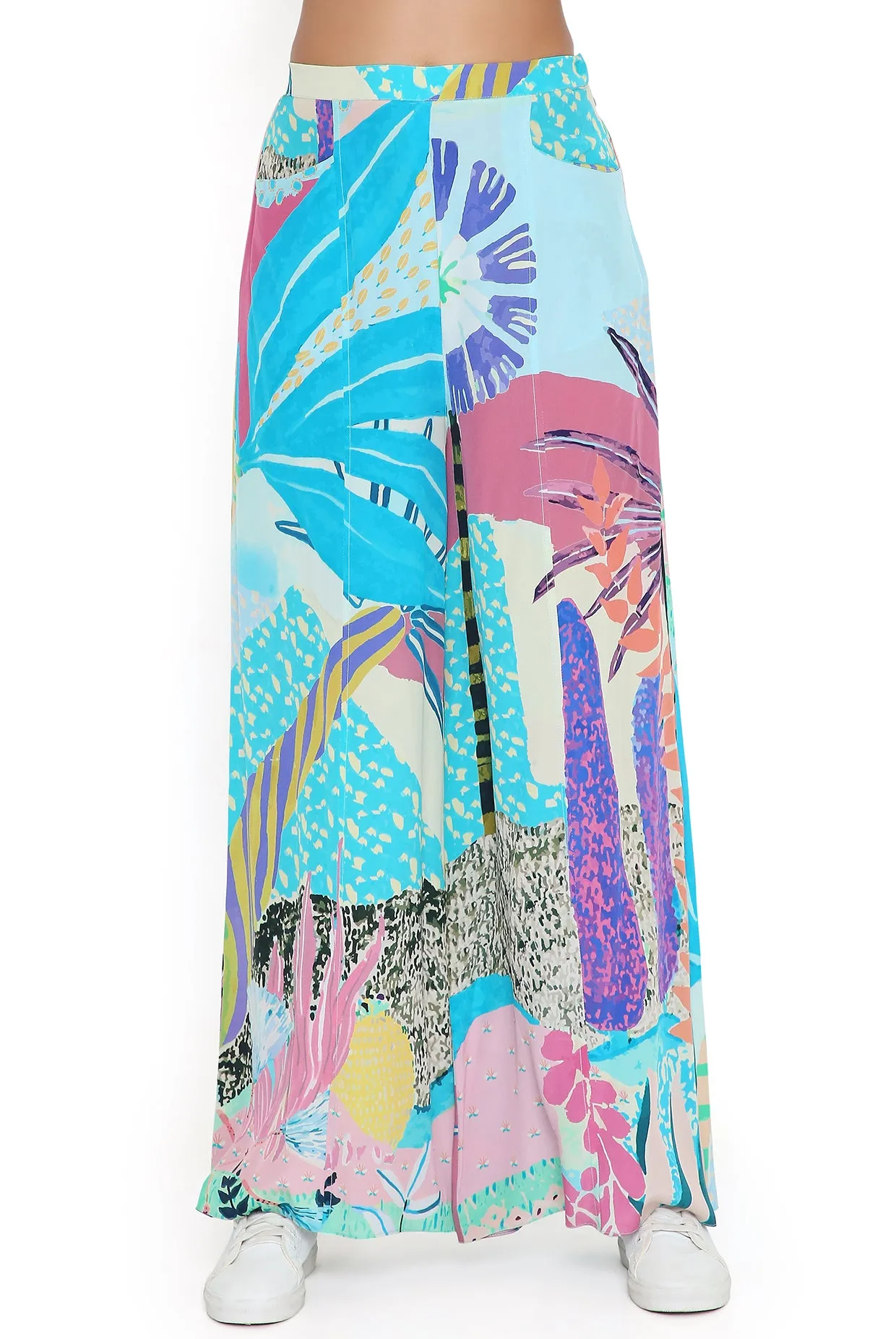 Aqua Tropical Print Bow Tube And Pallazo Pant