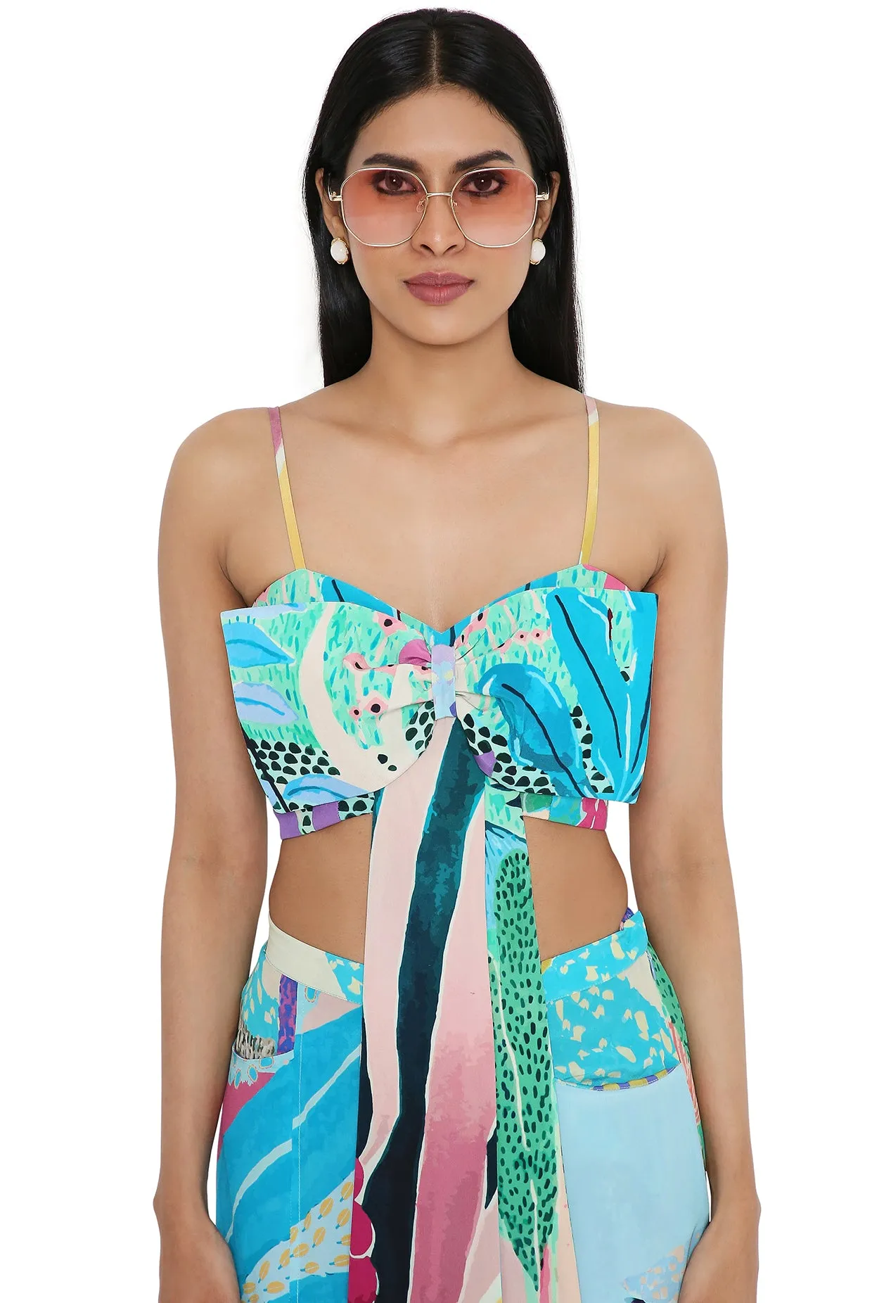 Aqua Tropical Print Bow Tube And Pallazo Pant