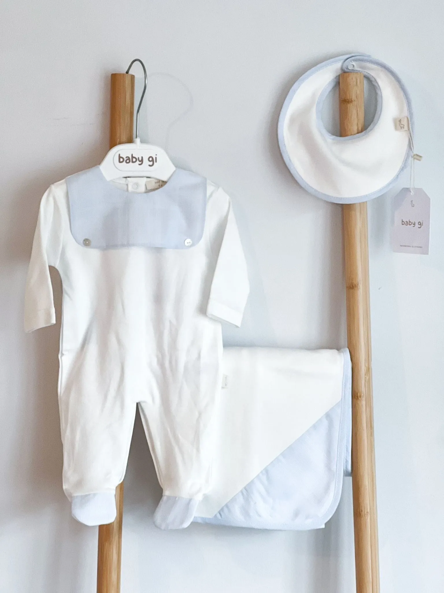 BabyGi Cream and Blue Check Sailor Collar Baby Grow