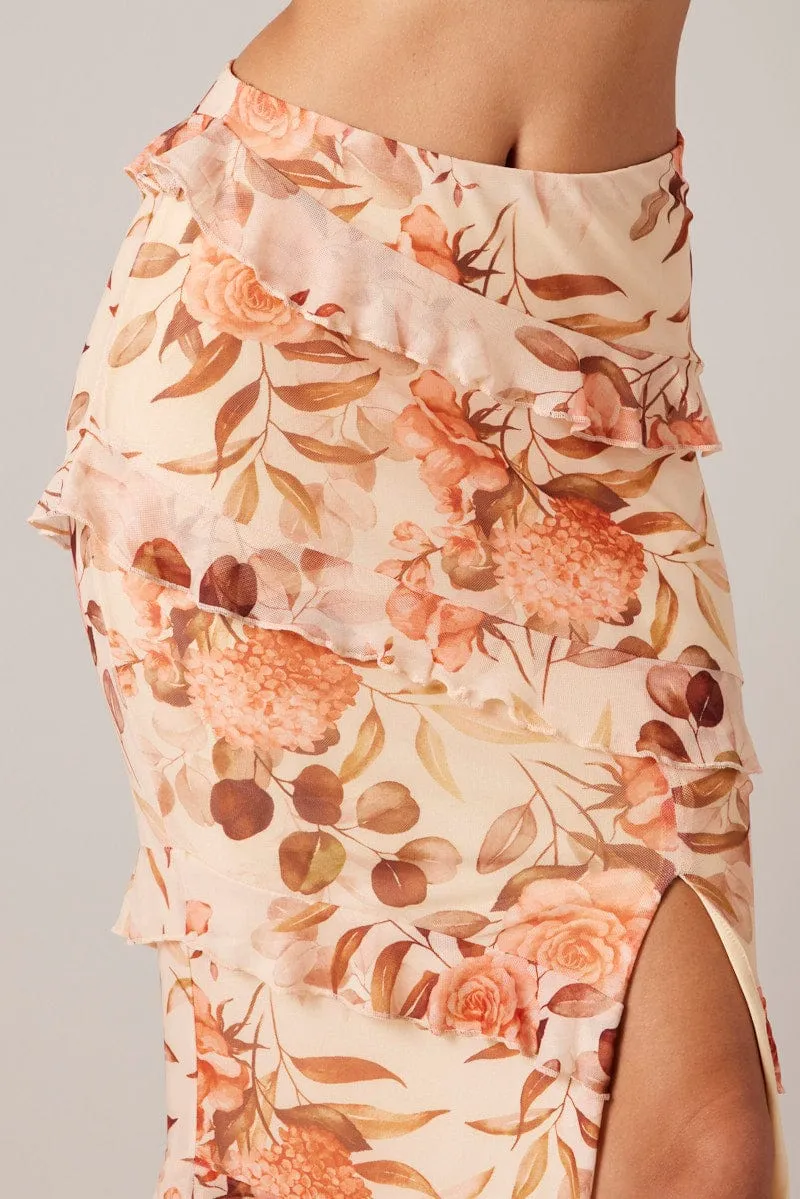 Beige Floral Ruffle Tiered Side Split Maxi Skirt