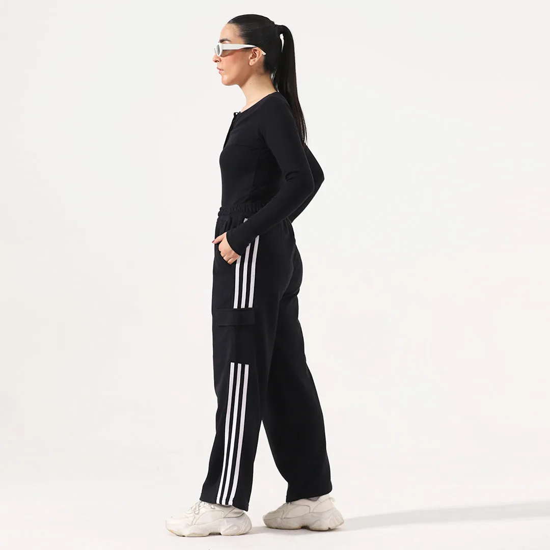 Black Stripe Wide Leg Cargo Unisex Trouser