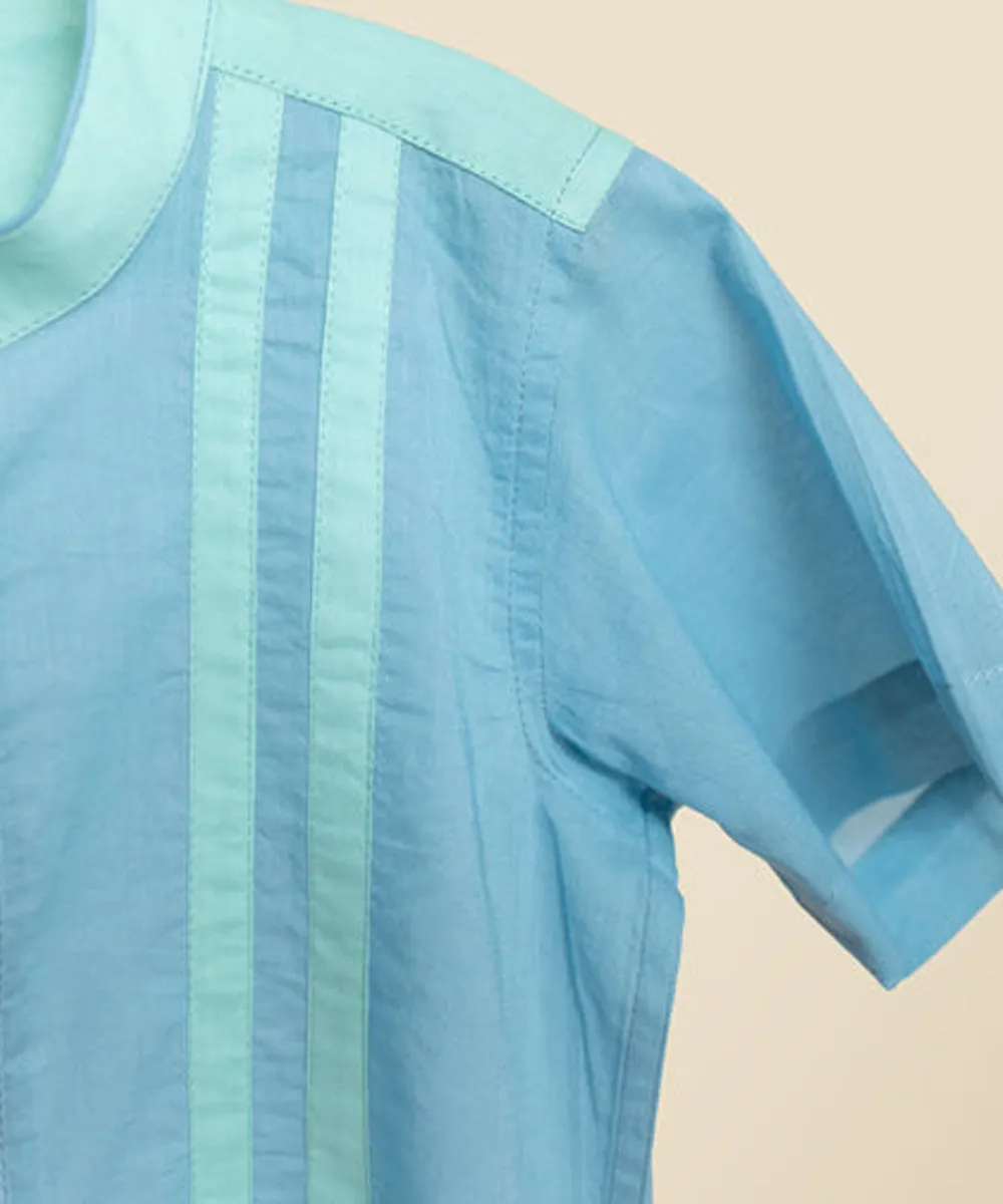 Blue handwoven cotton colorblock shirt