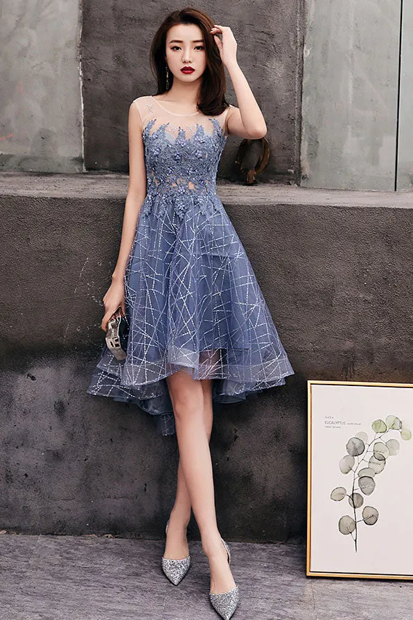 Blue round tulle lace short prom dress, blue homecoming dress