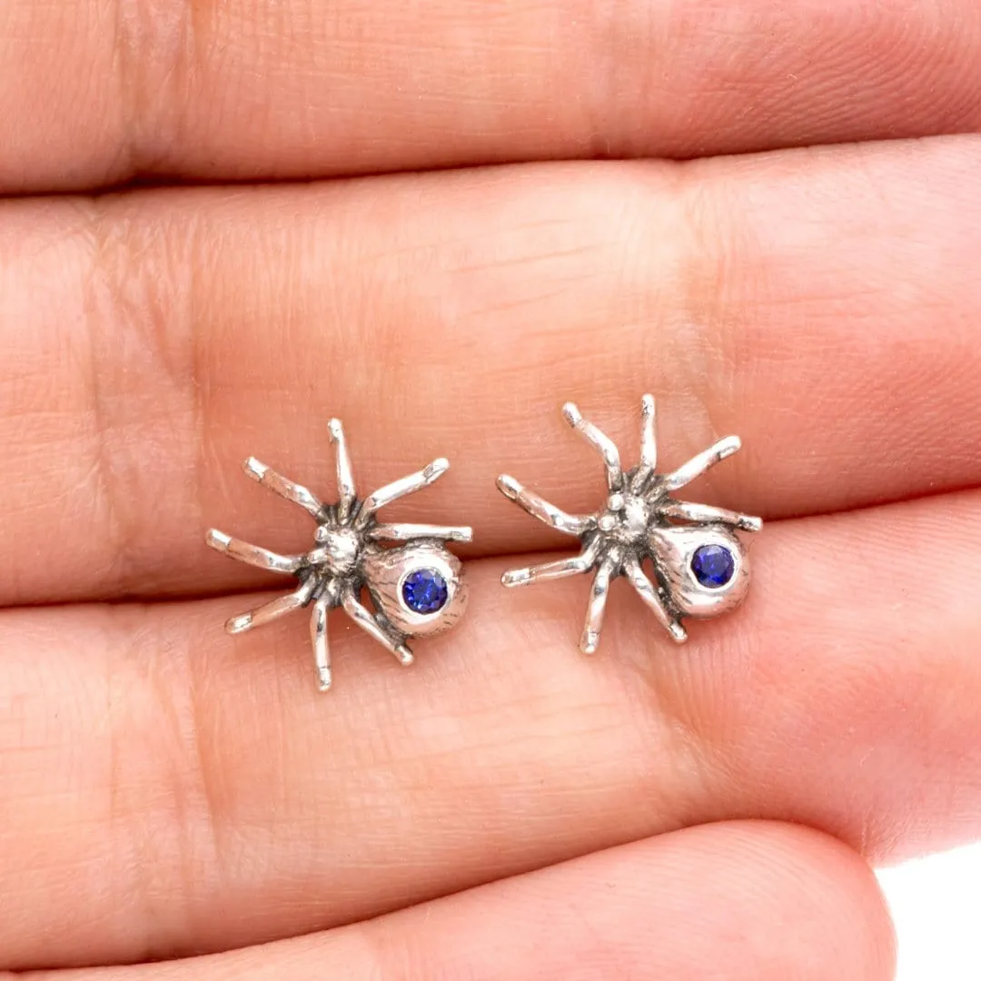 Blue Sapphire Spider Sterling Silver Stud Earrings, Ready to Ship