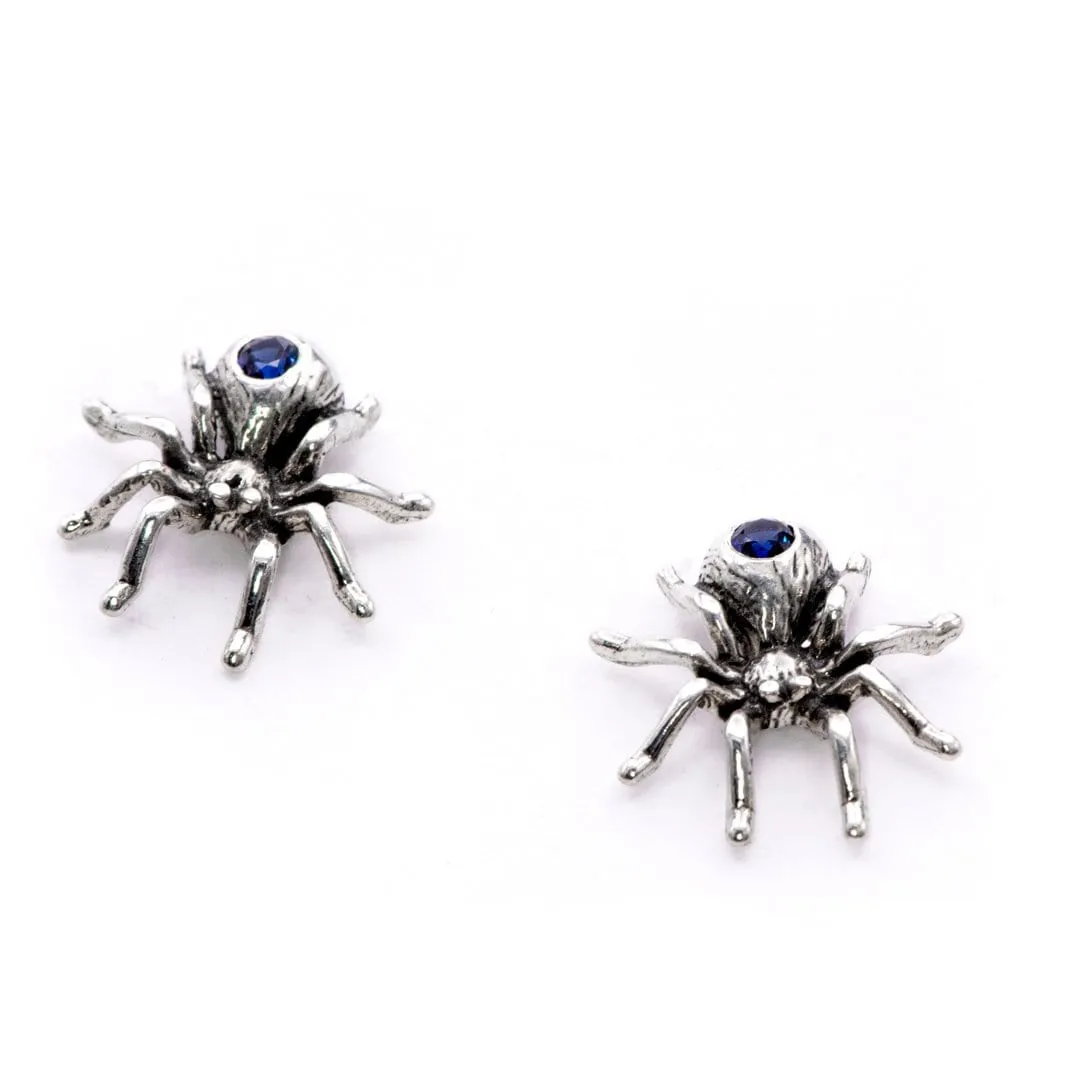 Blue Sapphire Spider Sterling Silver Stud Earrings, Ready to Ship