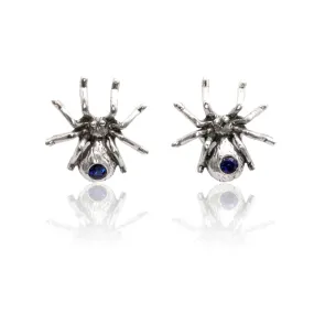 Blue Sapphire Spider Sterling Silver Stud Earrings, Ready to Ship