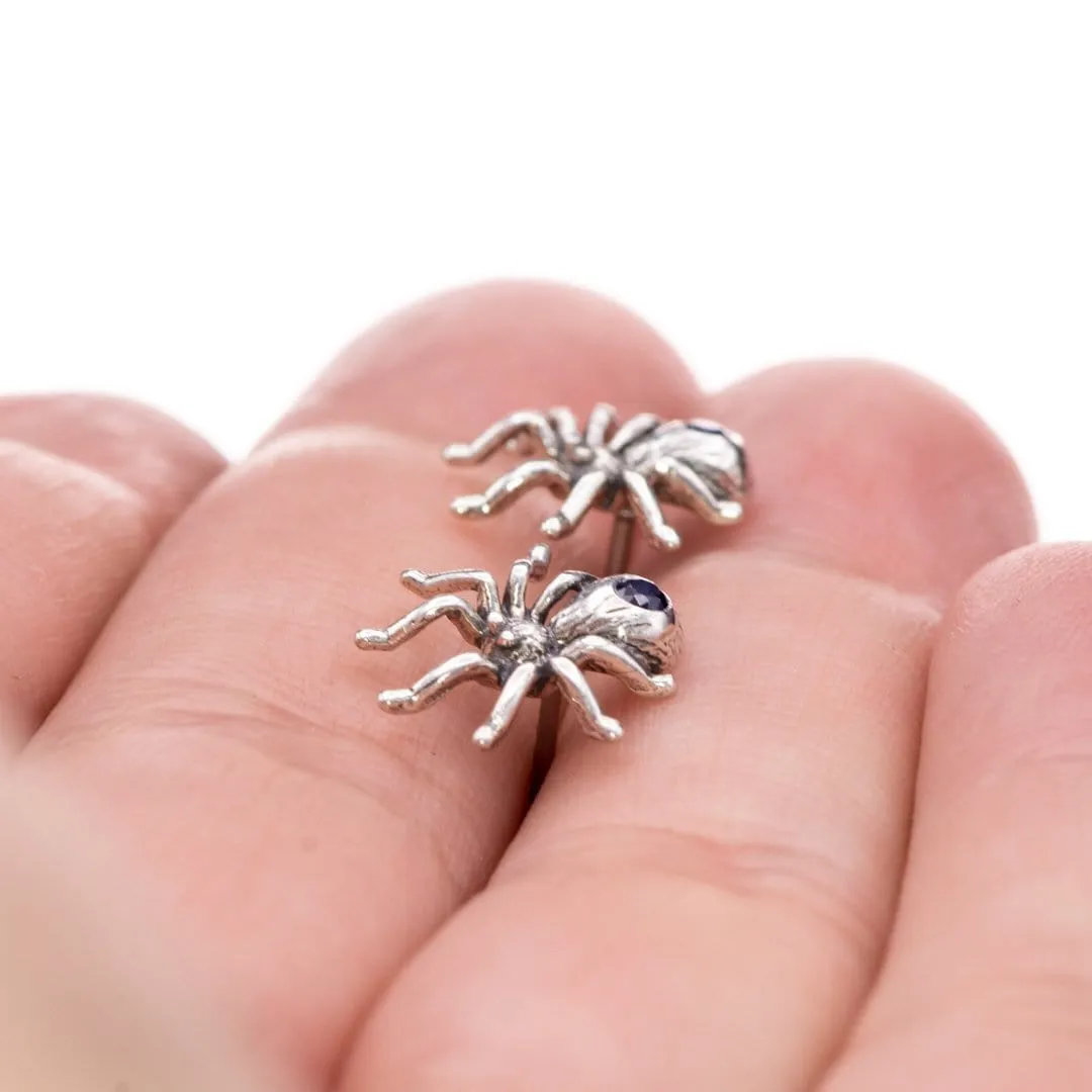 Blue Sapphire Spider Sterling Silver Stud Earrings, Ready to Ship