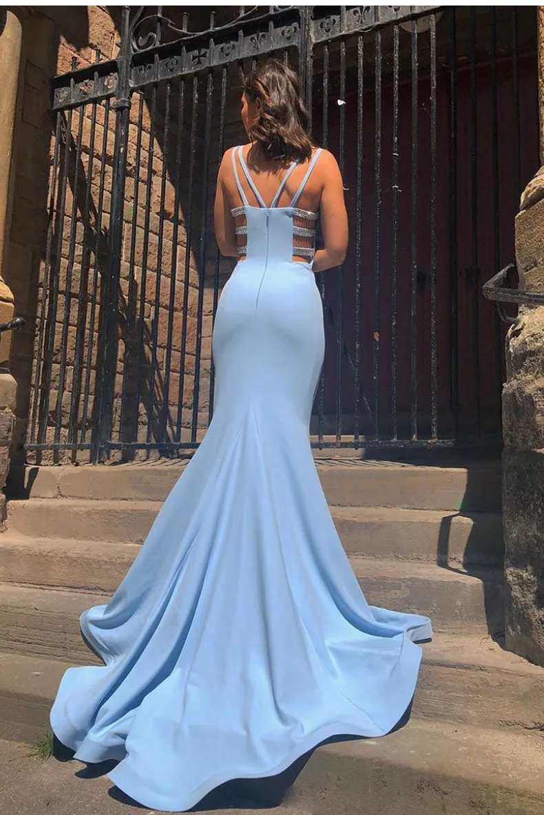 Blue satin mermaid long prom dress, blue evening dress