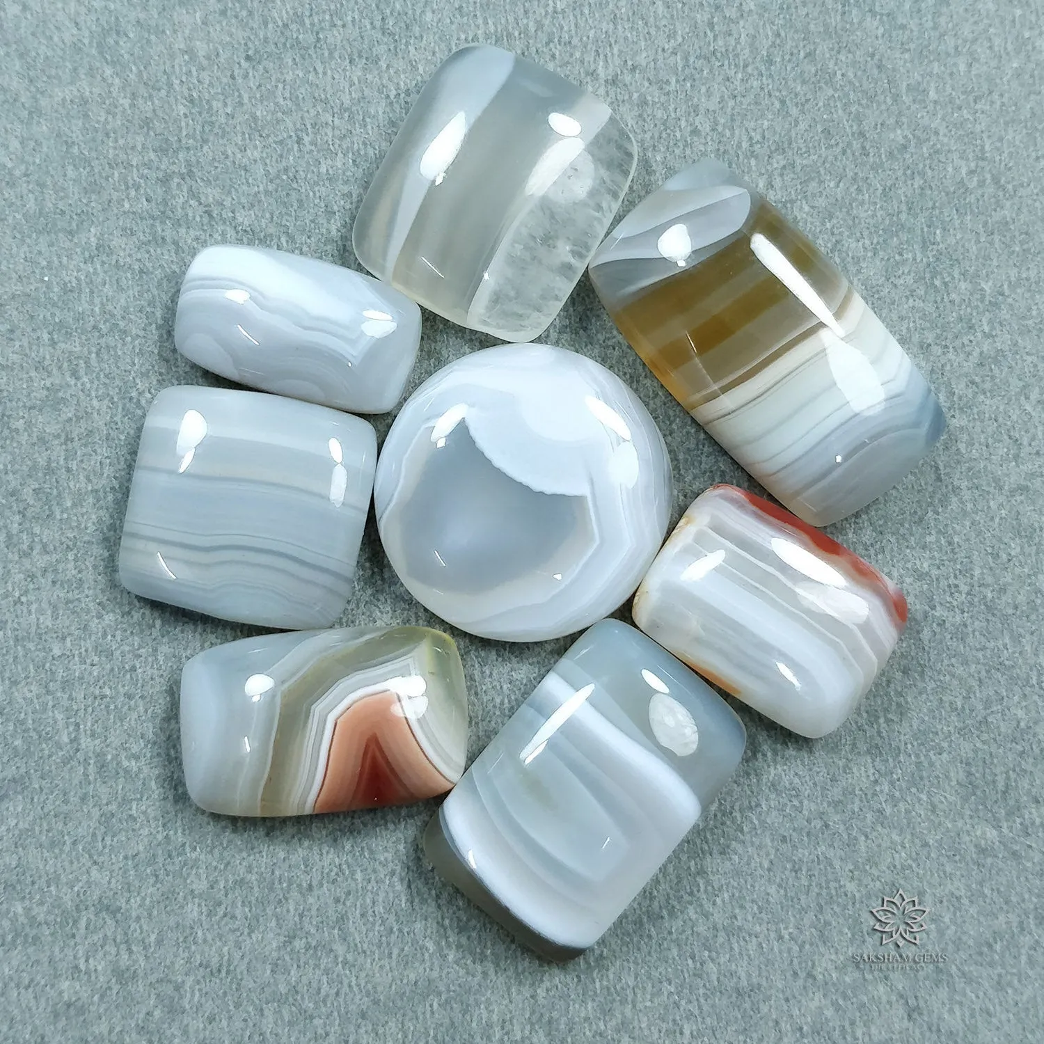 BOTSWANA AGATE Gemstone Cabochon : 95.50cts Natural Untreated Agate Gemstone Cushion & Round Cabochon 24*12.5mm - 19mm 8pcs Lot For Jewelry