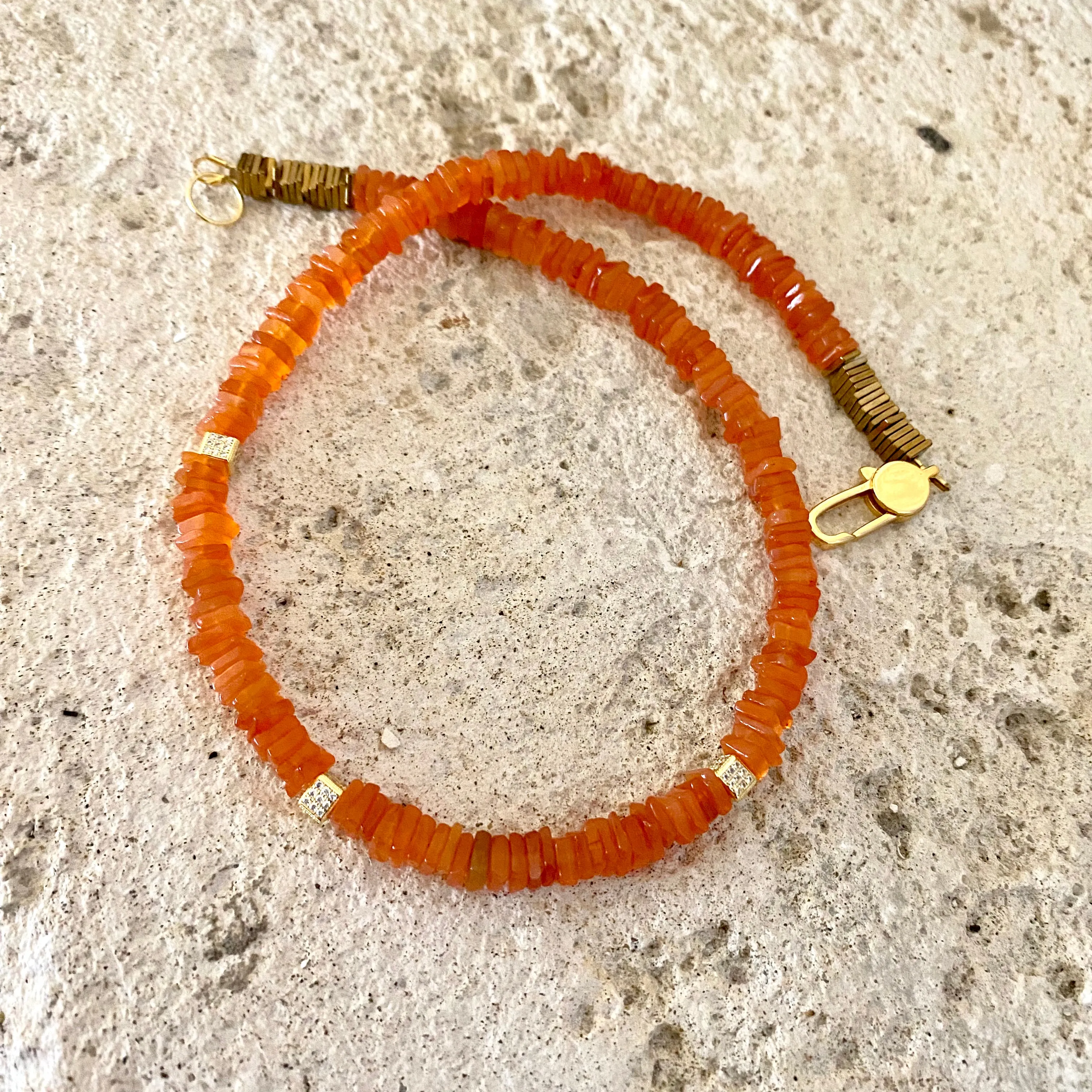 Bright Orange Carnelian Choker Necklace & Gold Vermeil Details and Clasp, 15.5in