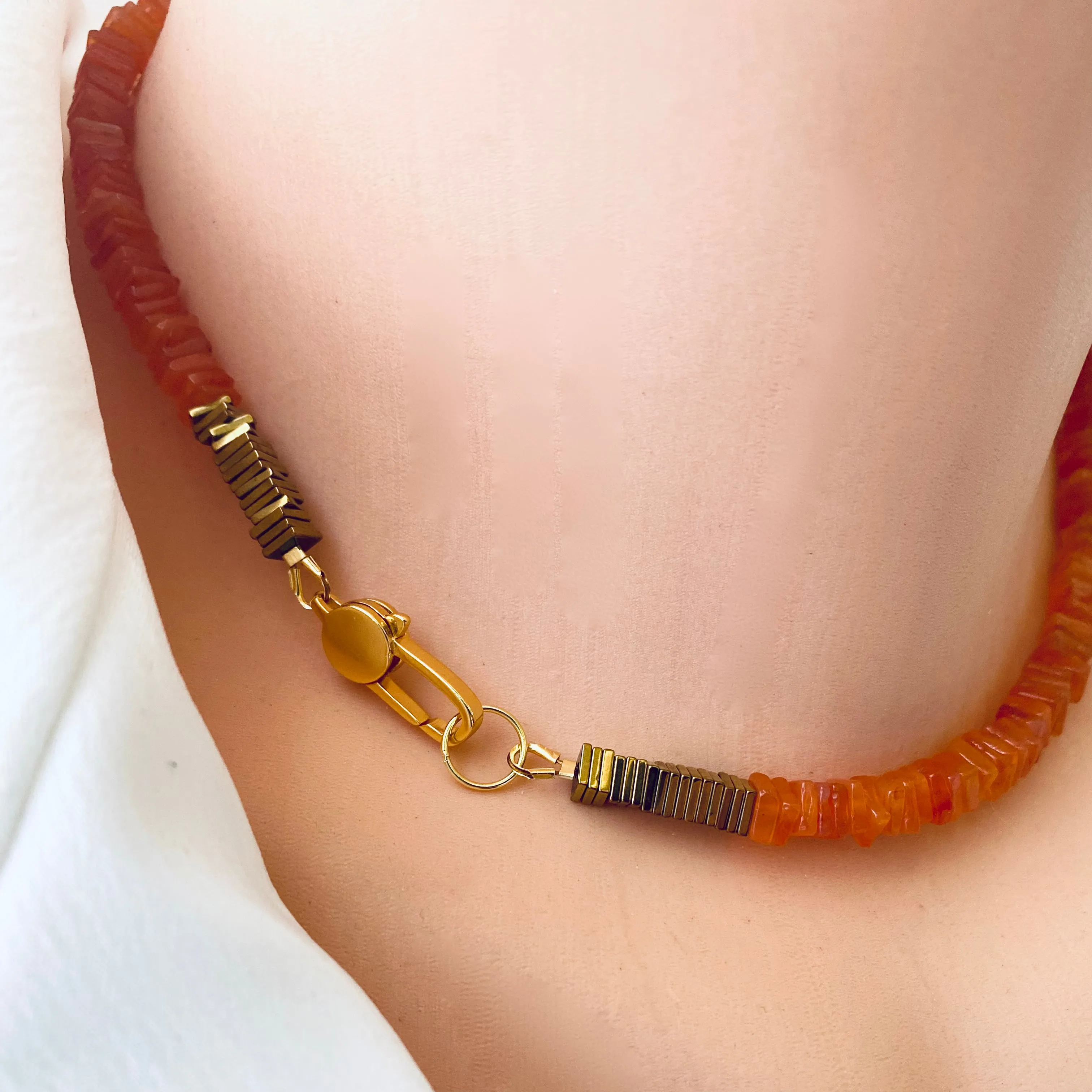 Bright Orange Carnelian Choker Necklace & Gold Vermeil Details and Clasp, 15.5in