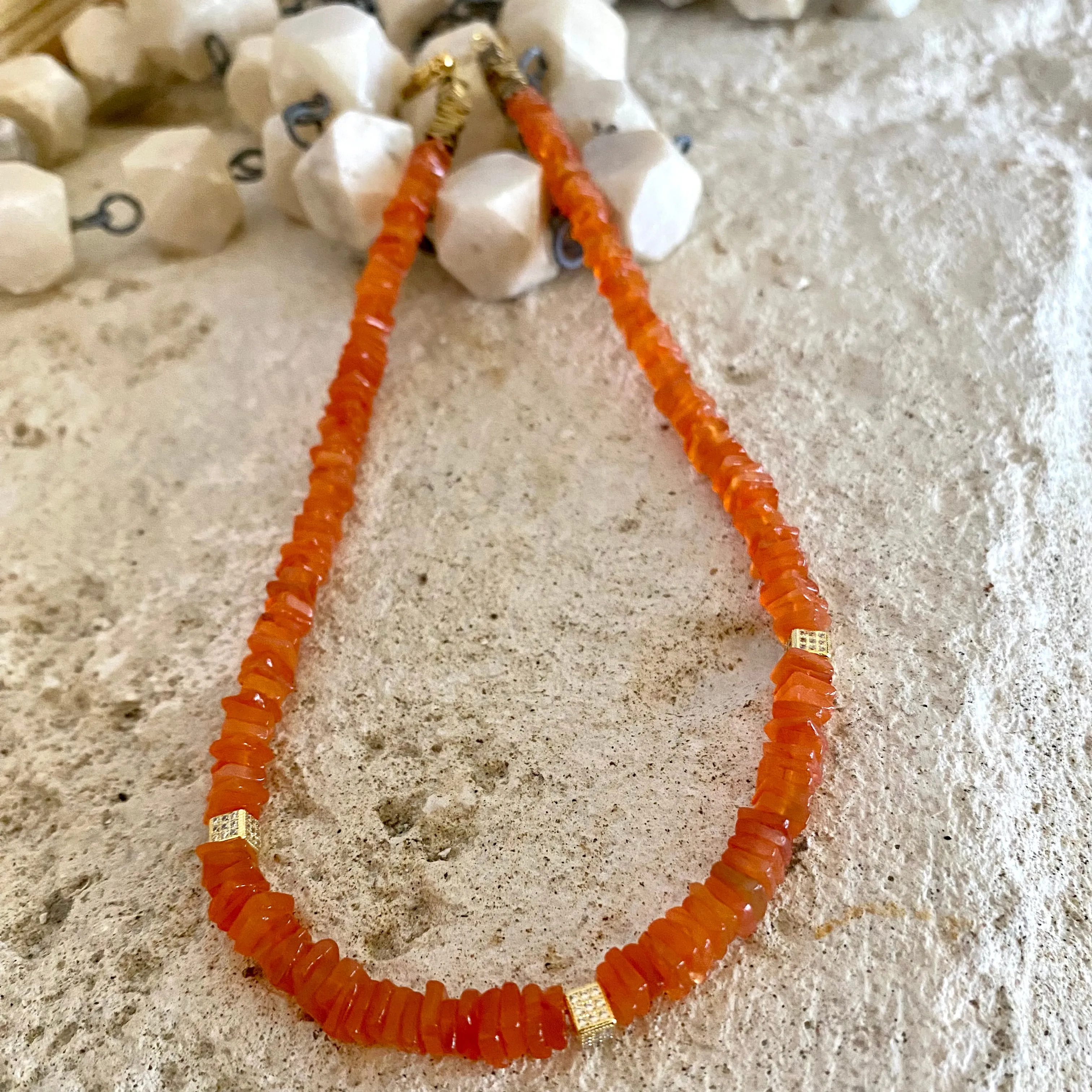 Bright Orange Carnelian Choker Necklace & Gold Vermeil Details and Clasp, 15.5in