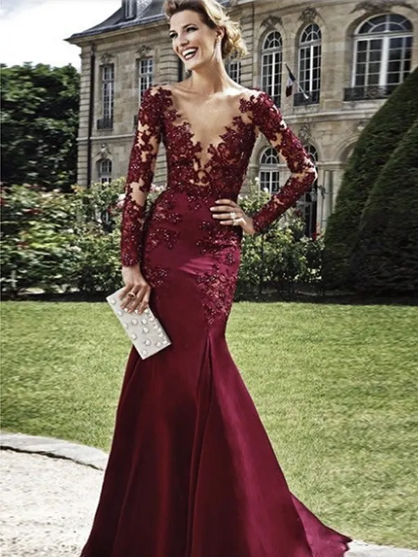 Burgundy Lace Prom Dress Long Sleeve Mermaid Prom Dress #ER199