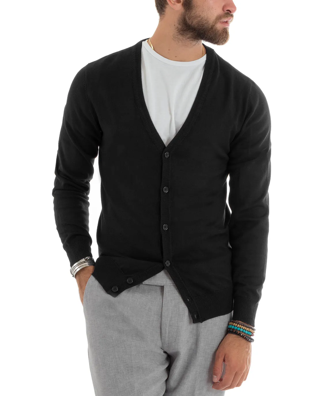 Cardigan Uomo Giacca Con Bottoni Maglioncino Scollo V Maglia Sottile Basic Nero GIOSAL-M2689A