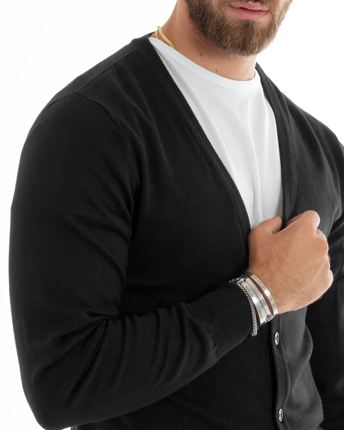 Cardigan Uomo Giacca Con Bottoni Maglioncino Scollo V Maglia Sottile Basic Nero GIOSAL-M2689A