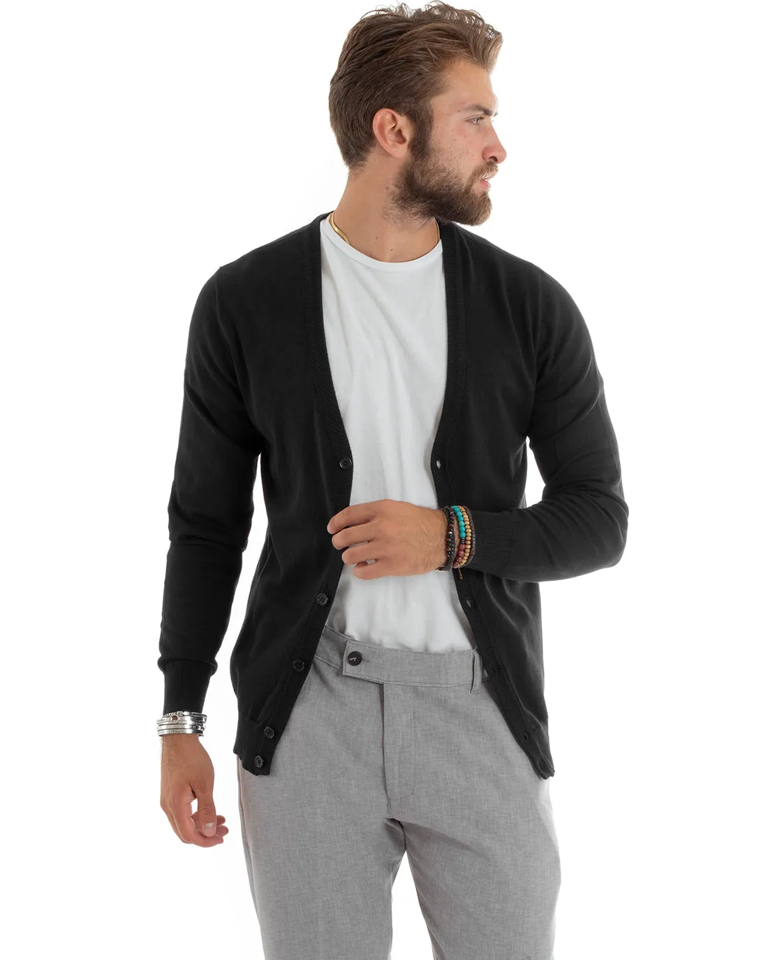 Cardigan Uomo Giacca Con Bottoni Maglioncino Scollo V Maglia Sottile Basic Nero GIOSAL-M2689A