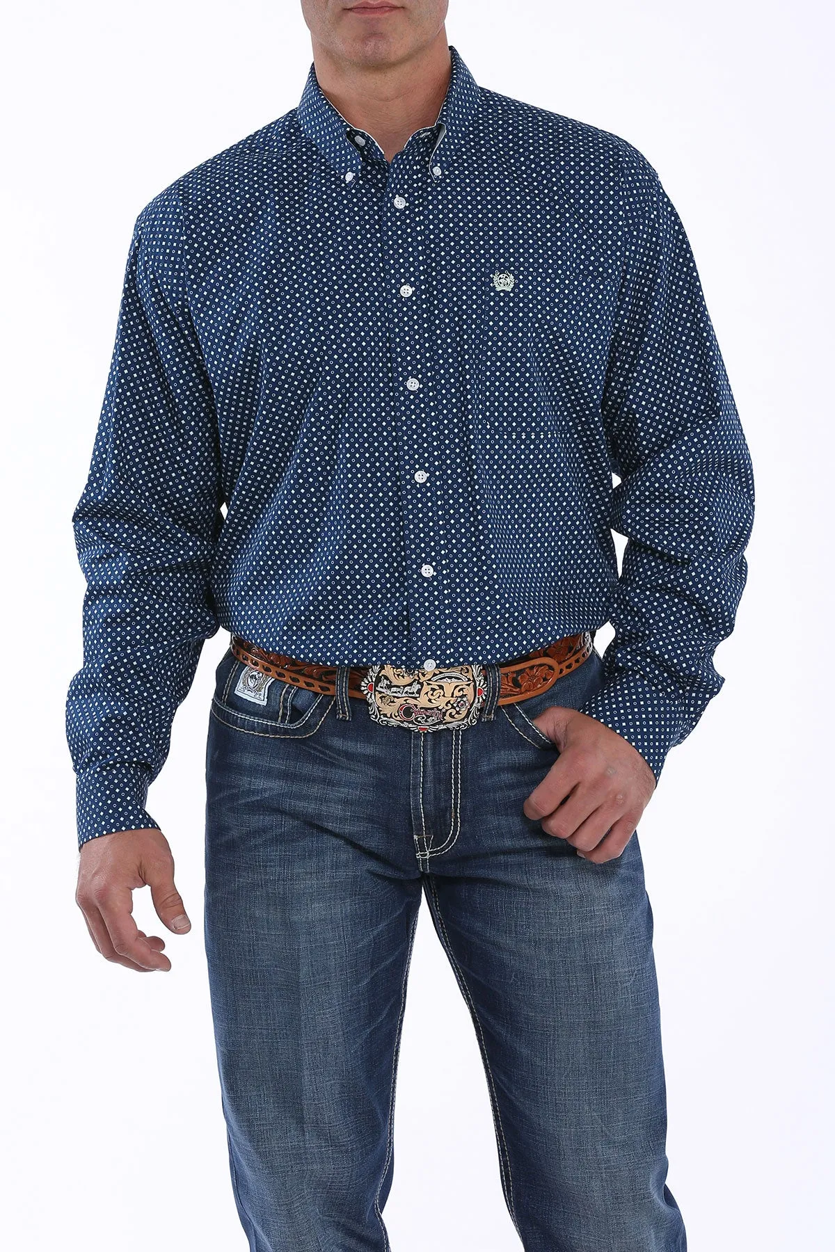 Cinch Men's Button Down Long Sleeve Shirt - Royal Blue White Dot Print