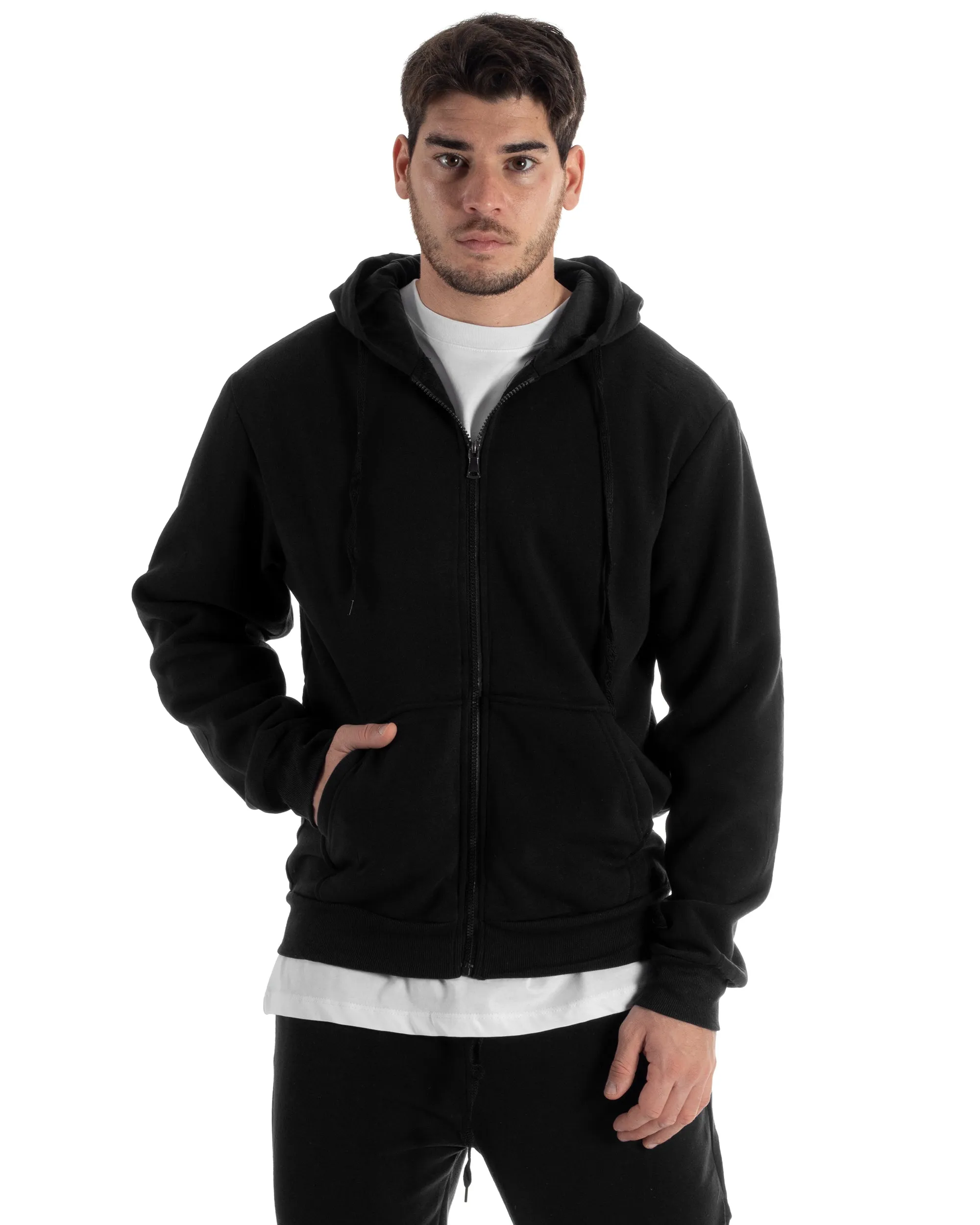 Completo Tuta Uomo Felpato Basic Felpa Con Cappuccio Zip Pantalaccio Tinta Unita Nero GIOSAL-OU2439A