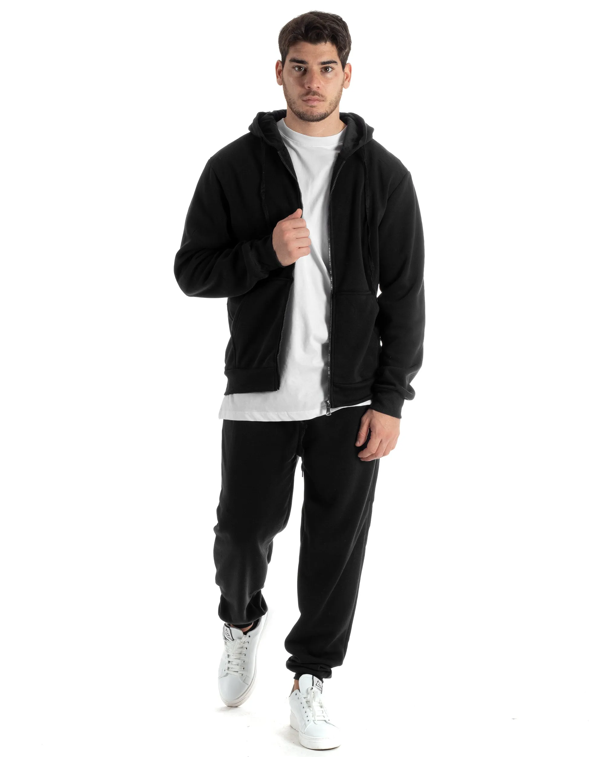 Completo Tuta Uomo Felpato Basic Felpa Con Cappuccio Zip Pantalaccio Tinta Unita Nero GIOSAL-OU2439A