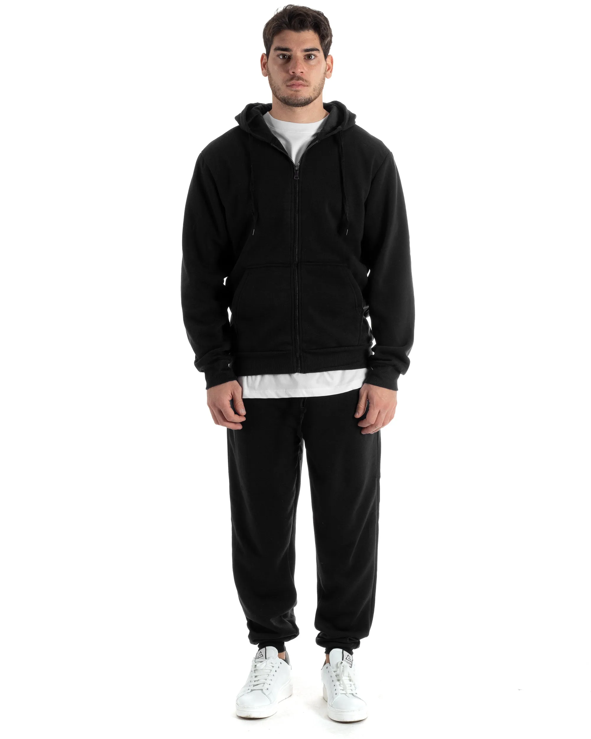 Completo Tuta Uomo Felpato Basic Felpa Con Cappuccio Zip Pantalaccio Tinta Unita Nero GIOSAL-OU2439A