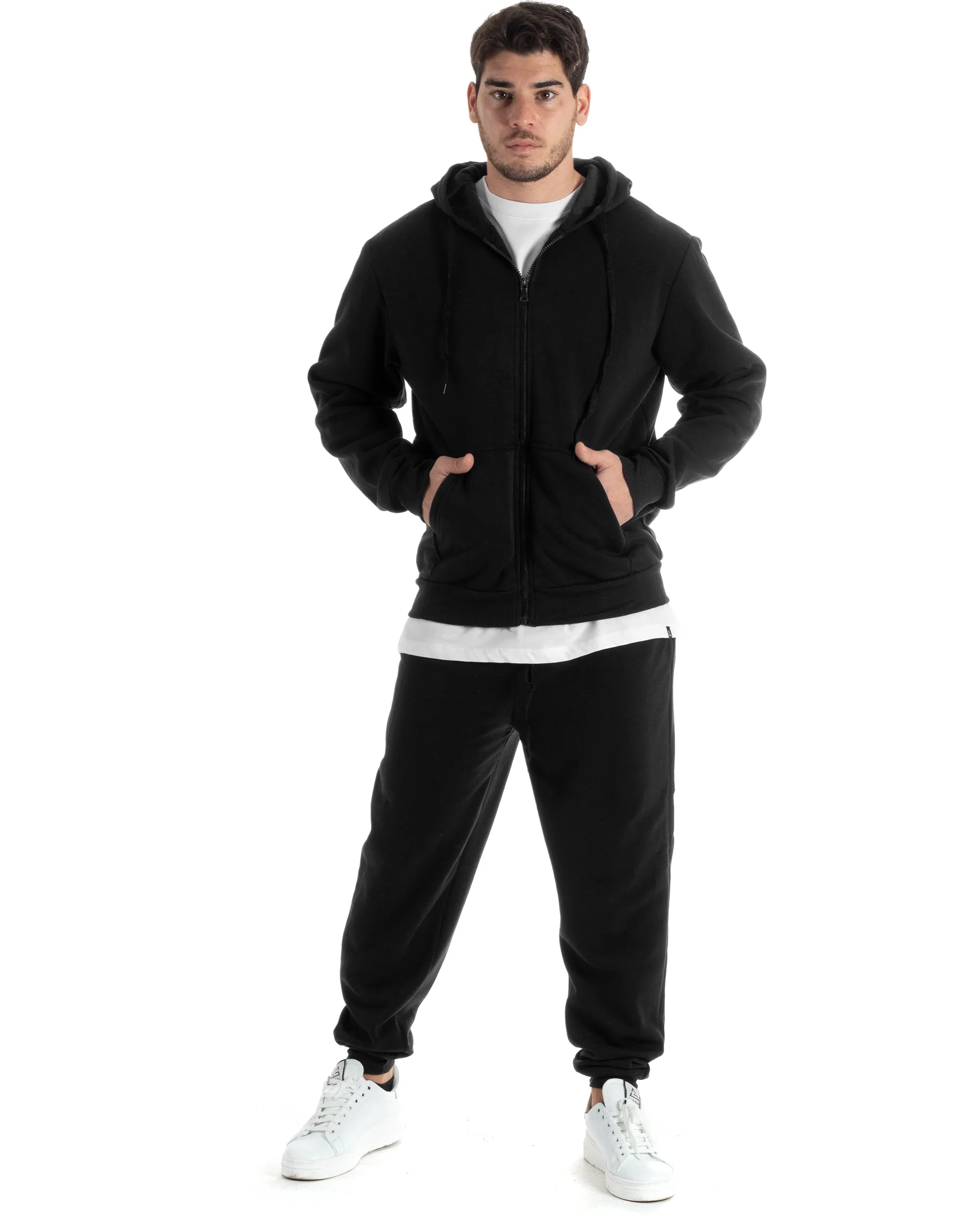 Completo Tuta Uomo Felpato Basic Felpa Con Cappuccio Zip Pantalaccio Tinta Unita Nero GIOSAL-OU2439A