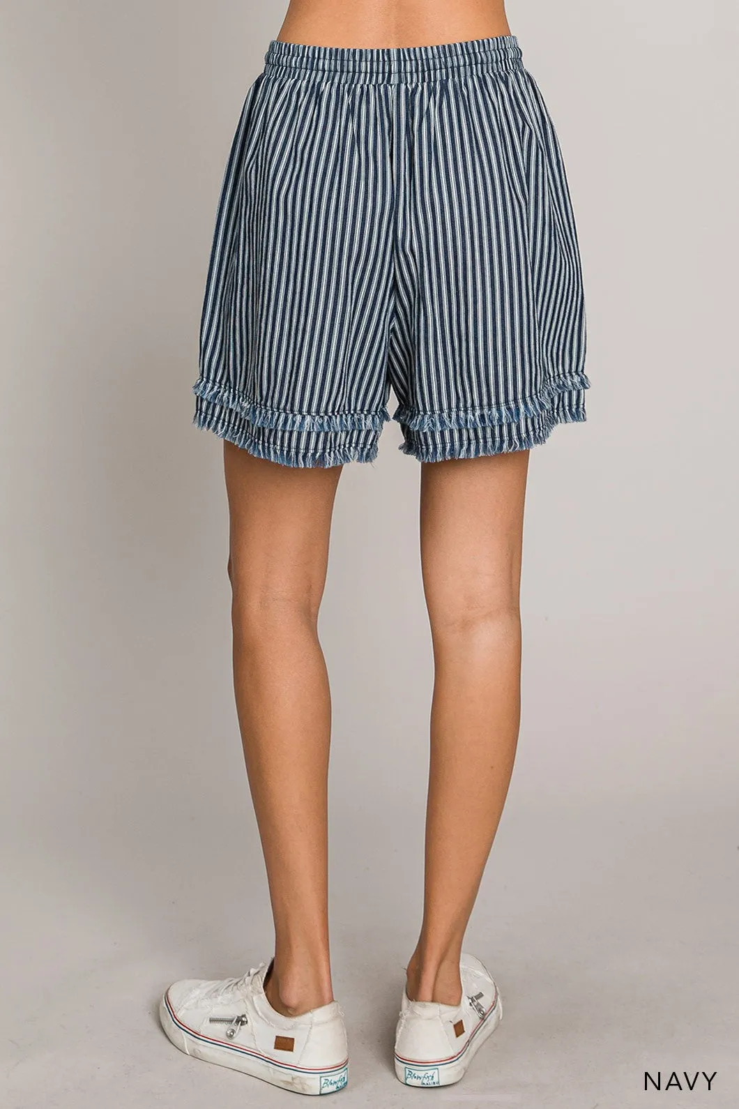 Cotton Bleu Denim Striped Frayed Shorts