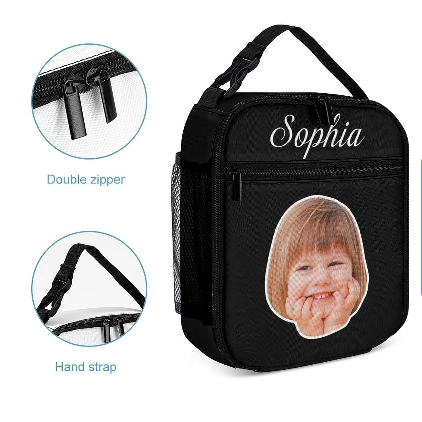 Custom Face&Name Black Portable Insulated Lunch Bag