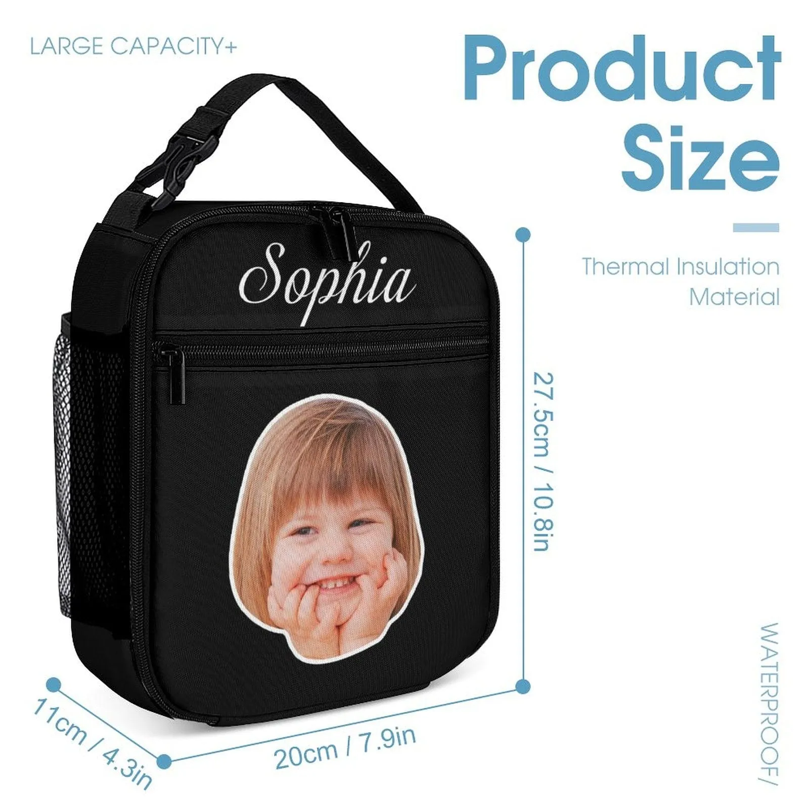 Custom Face&Name Black Portable Insulated Lunch Bag