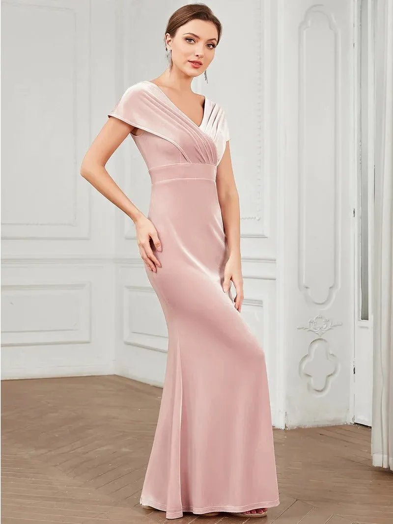 Deep V Neck A Line Evening Dresses with Short Sleeves