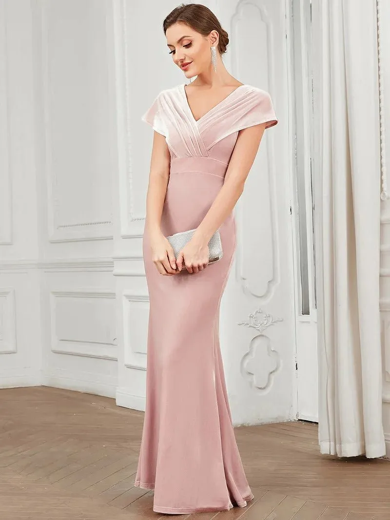 Deep V Neck A Line Evening Dresses with Short Sleeves